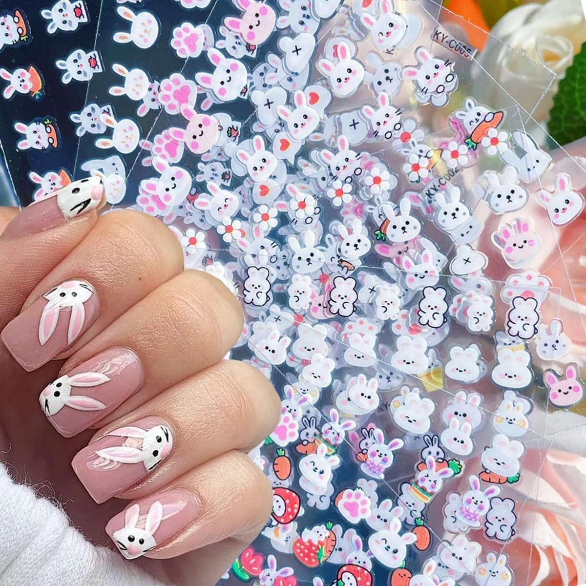 Adesivi 3D per unghie, 90 fogli, autoadesivi, a forma di cuore, per nail art, decorazione fai da te, manicure (conigli)