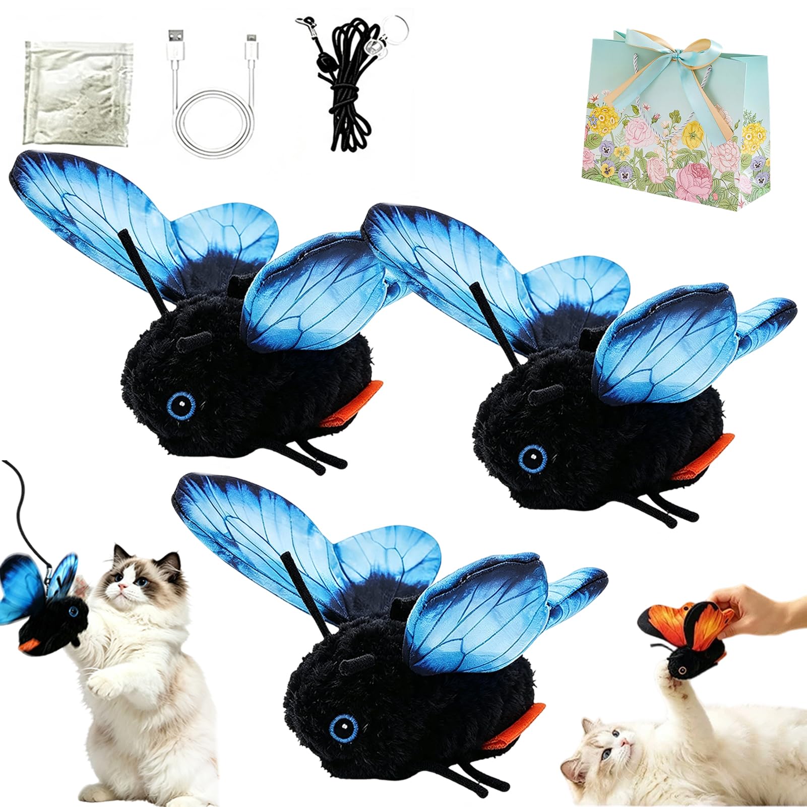 Smart Sensing Flapping Butterfly Toy, Interactive Electric Cat Toy (3PC-B)