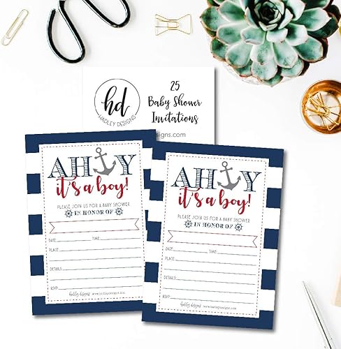 Miniatura 3 de 25 invitaciones náuticas para baby shower de Ahoy It's A Boy, invitación para espolvorear para el tema de ancla de género de Little Man, lindo