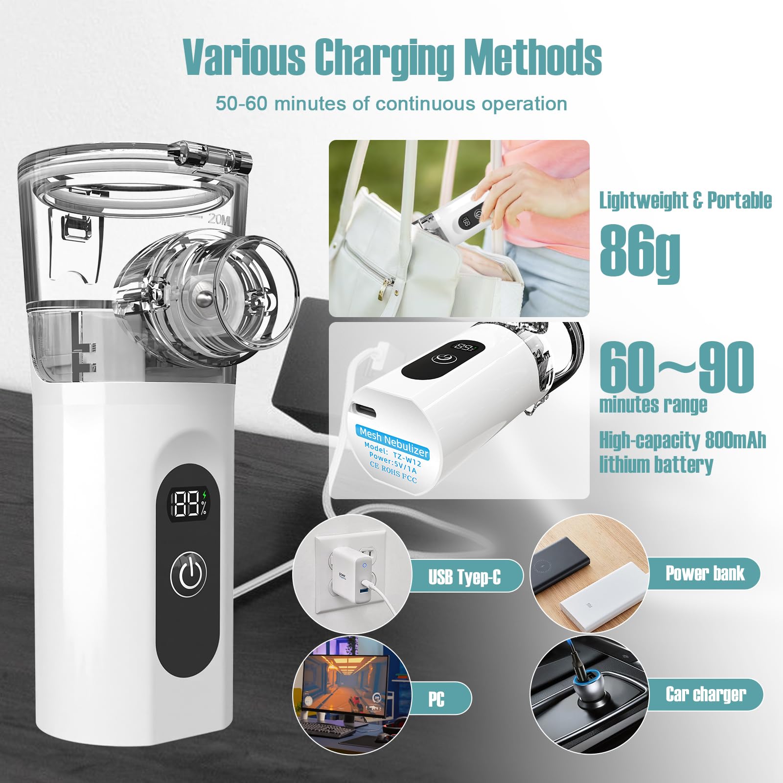 Nebulisateur pour Adultes, Inhalateur Electrique Portable, Nébuliseur Aérosol Bebe, Inhalateur Silencieux avec 2 Masques et 1 Embout