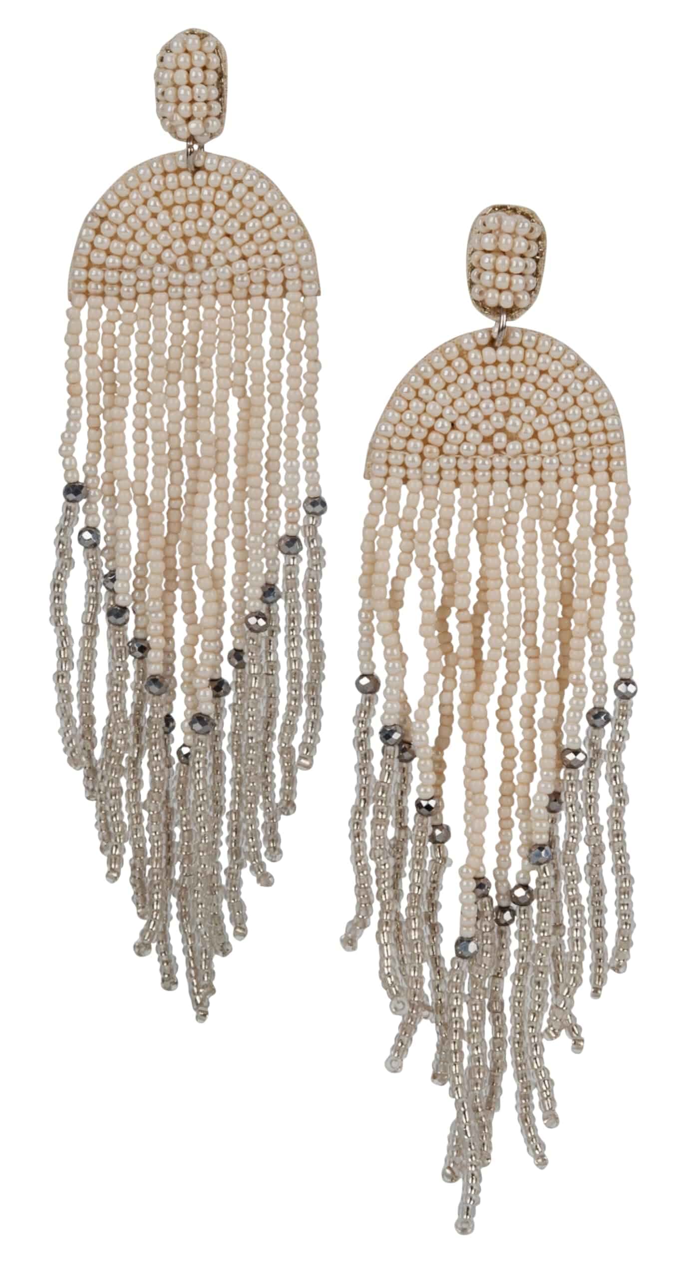 SPUNKYsoul Handmade Beaded Boho Earrings, Ombre Mixed Metallic Seed Bead Long Fringe Statement Earrings, Jewelry for the Modern Bohemian Women (IVORY & SILVER)