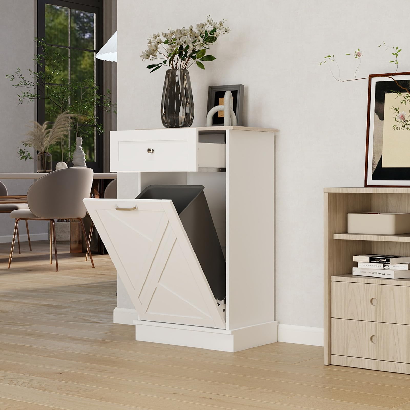 Tilt Out Trash Cabinet-Free Standing Kitchen Waste Bin-Wooden Recycling Trash Cabinet with Drawer-White