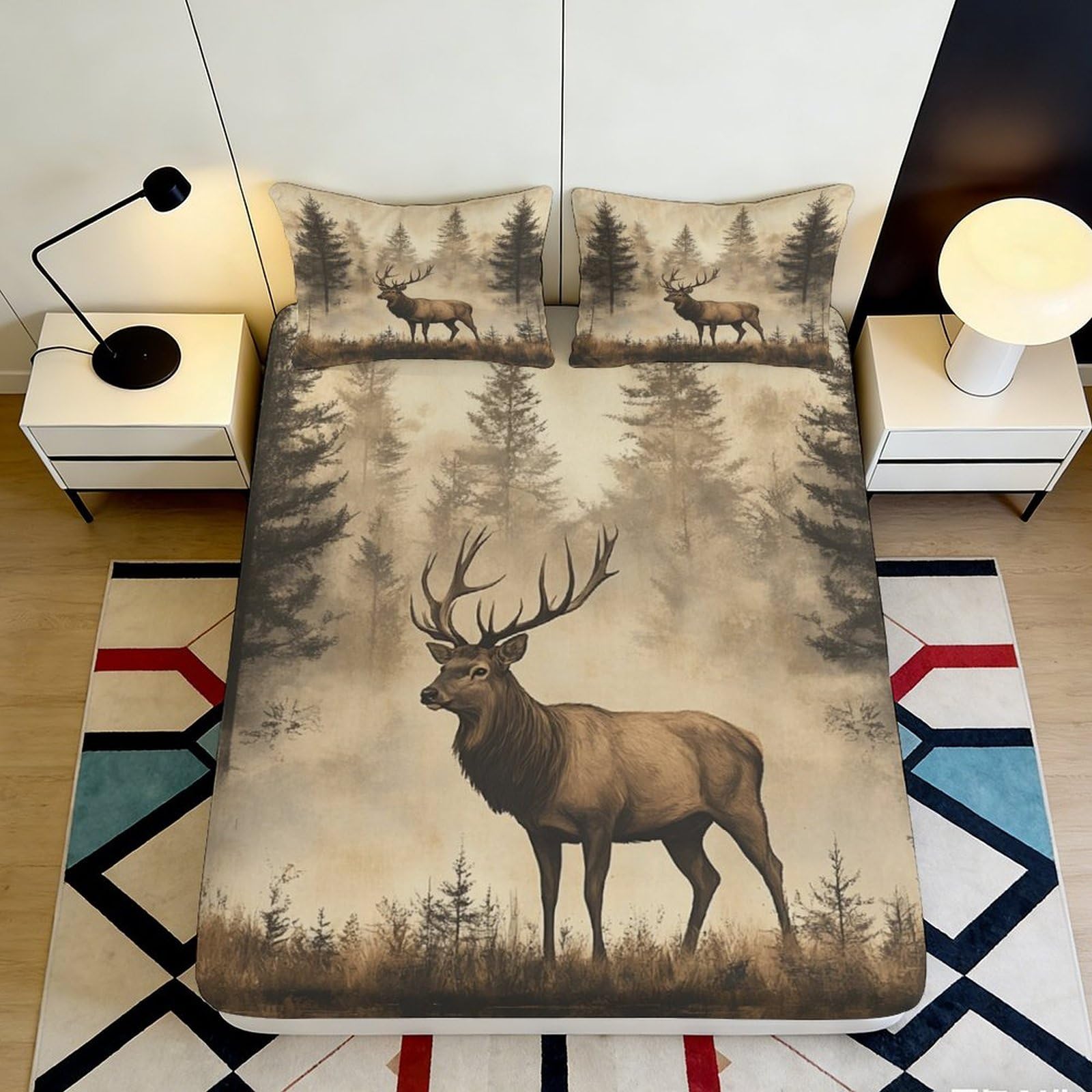 3D Printed Deer Forest Fitted Sheet Microfiber Soft Breathable Elk Design Bed Cover for Bedroom Dormitory Guest Room Mattress Protection Decor 120x200x25cm