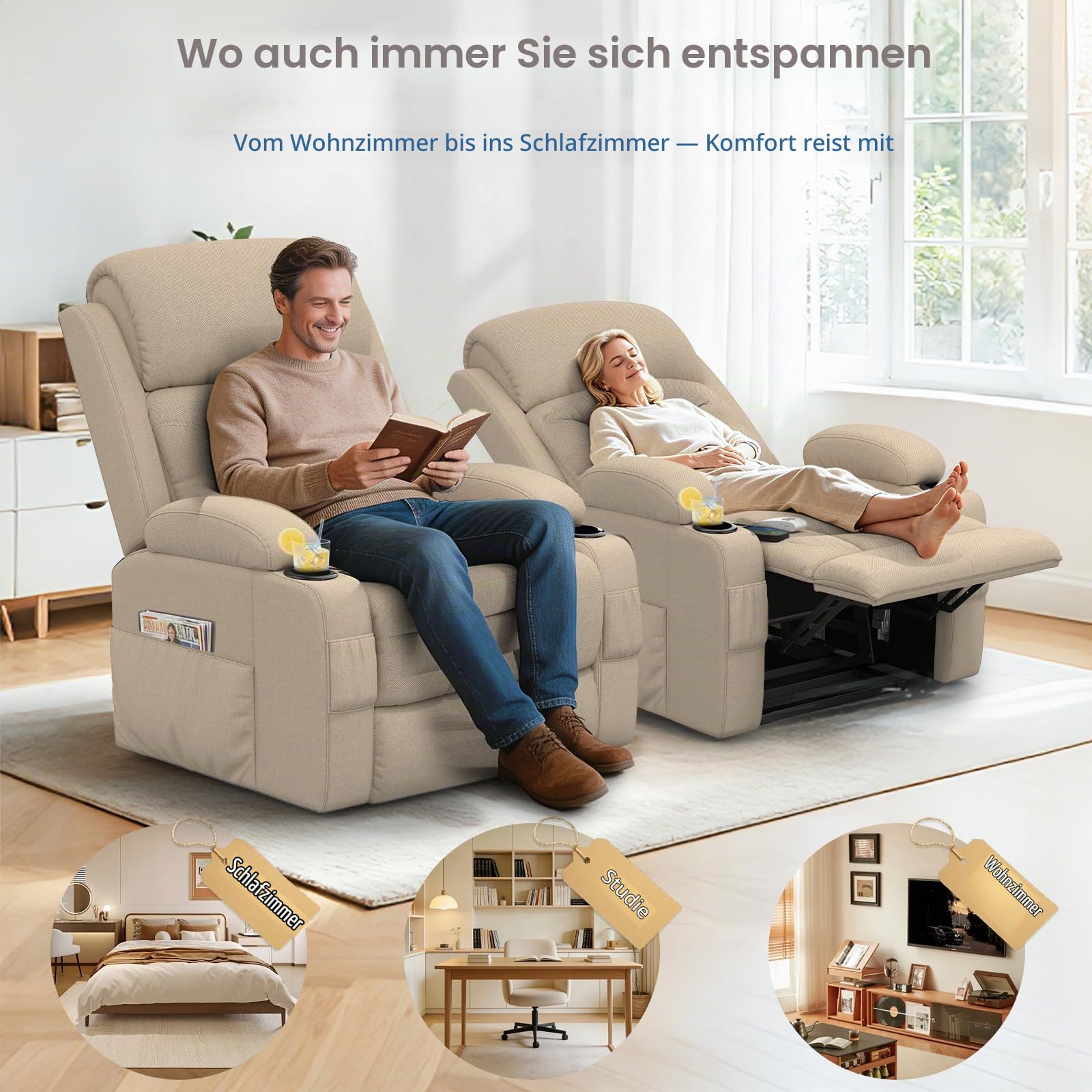 Relaxsessel Fernsehsessel, Massagesessel mit Heizung Elektrischer TV Sessel Liegesessel mit Liegefunktion für Wohnzimmer USB- und Typ-C-Anschlüsse 2 Getränkehalter und 4 Seitentaschen