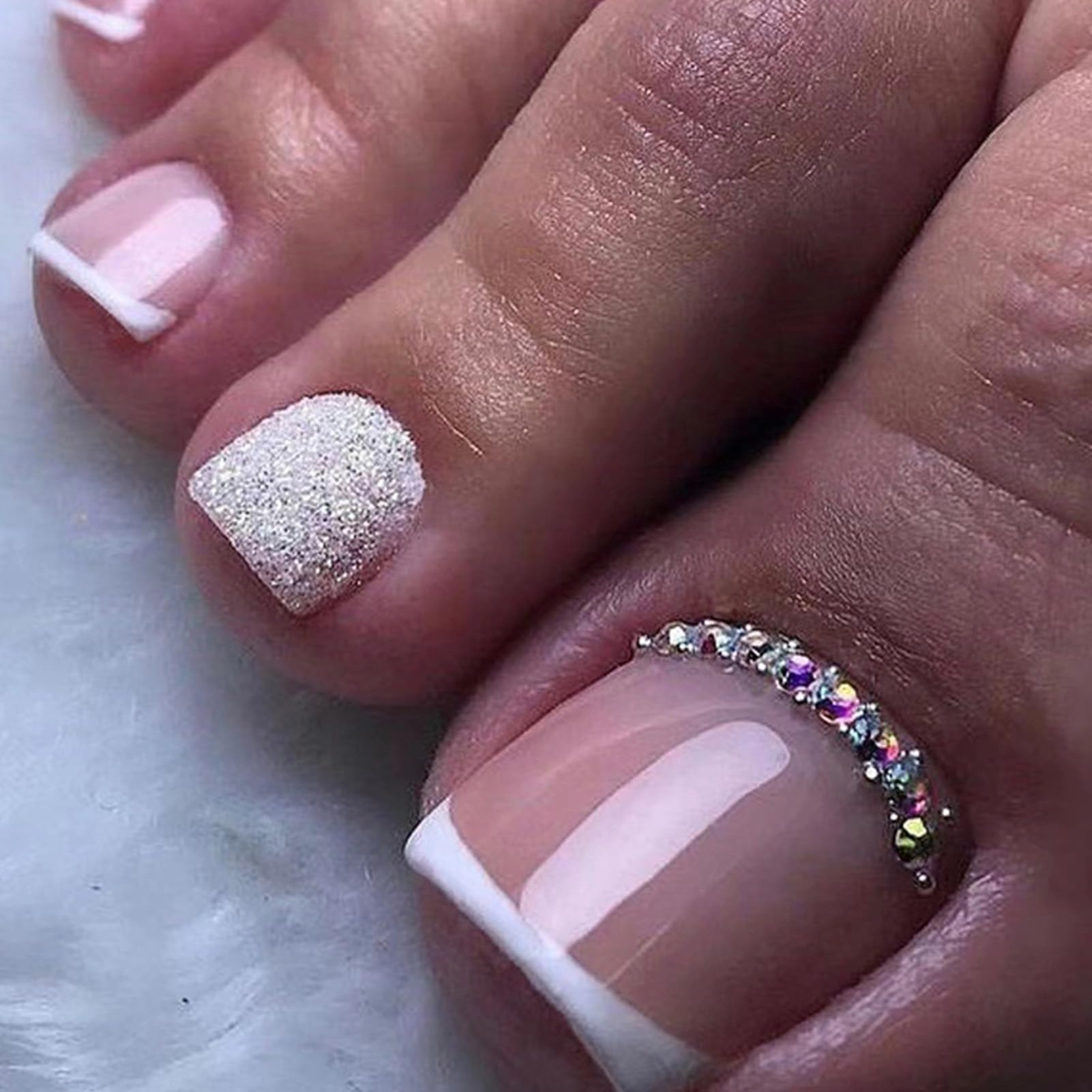 Pack De 24 Uñas Postizas Para Pies, Uñas Artificiales Cortas De Acrílico, Estilo Francés Cuadrado, Color Nude Brillante, Uñas Autoadhesivas Naturales Para Mujeres y Niñas