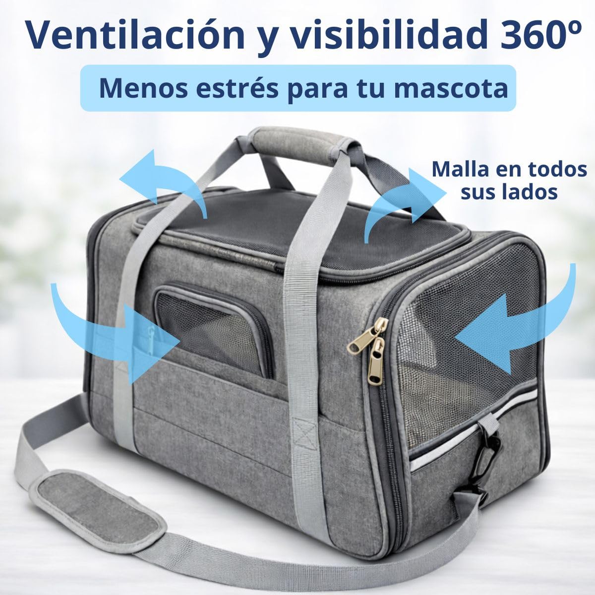 Transportin Gato con ventilación 360° y colchón Suave, Incluye Kit de Viaje con Plato Plegable, Toalla y Porta Bolsas, Seguro para Coche o avión Cabina, transportin Perro pequeño | Gris