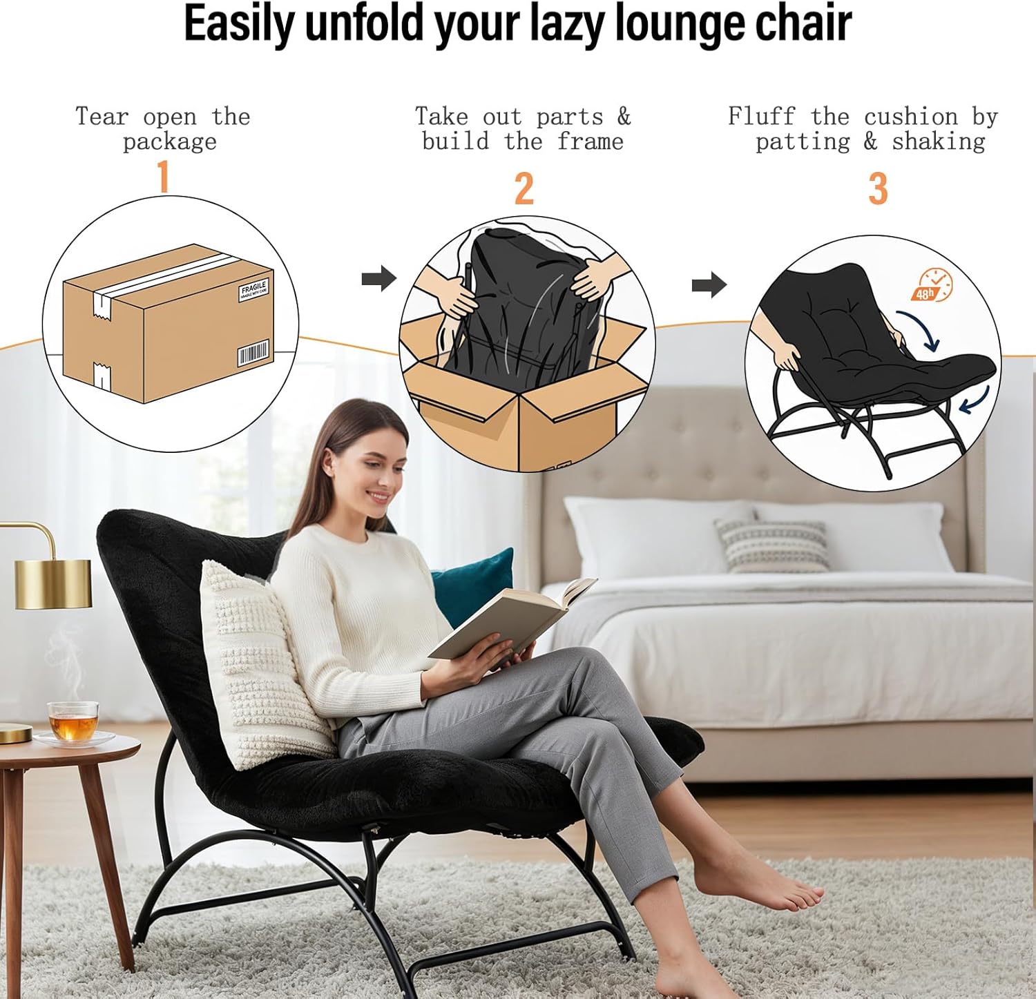 Tiita Accent Lazy Chair, Comfy Lounge Chair with Metal Frame and Plush Fabric, Spacious Seat Cozy Recliner Chair for Reading Room, Living Room, Bedroom, Office, Black