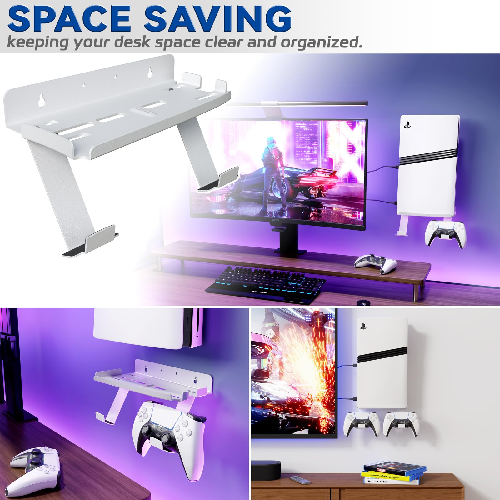 sciuU Supporto da Parete per PS5 Pro / PS5 Slim Console & Controller - Staffa da Muro in Acciaio da 2mm compatibile con PlayStation 5 Pro/Slim Disco/Digitale Edizione + 2 Porta Controller PS5 /Edge