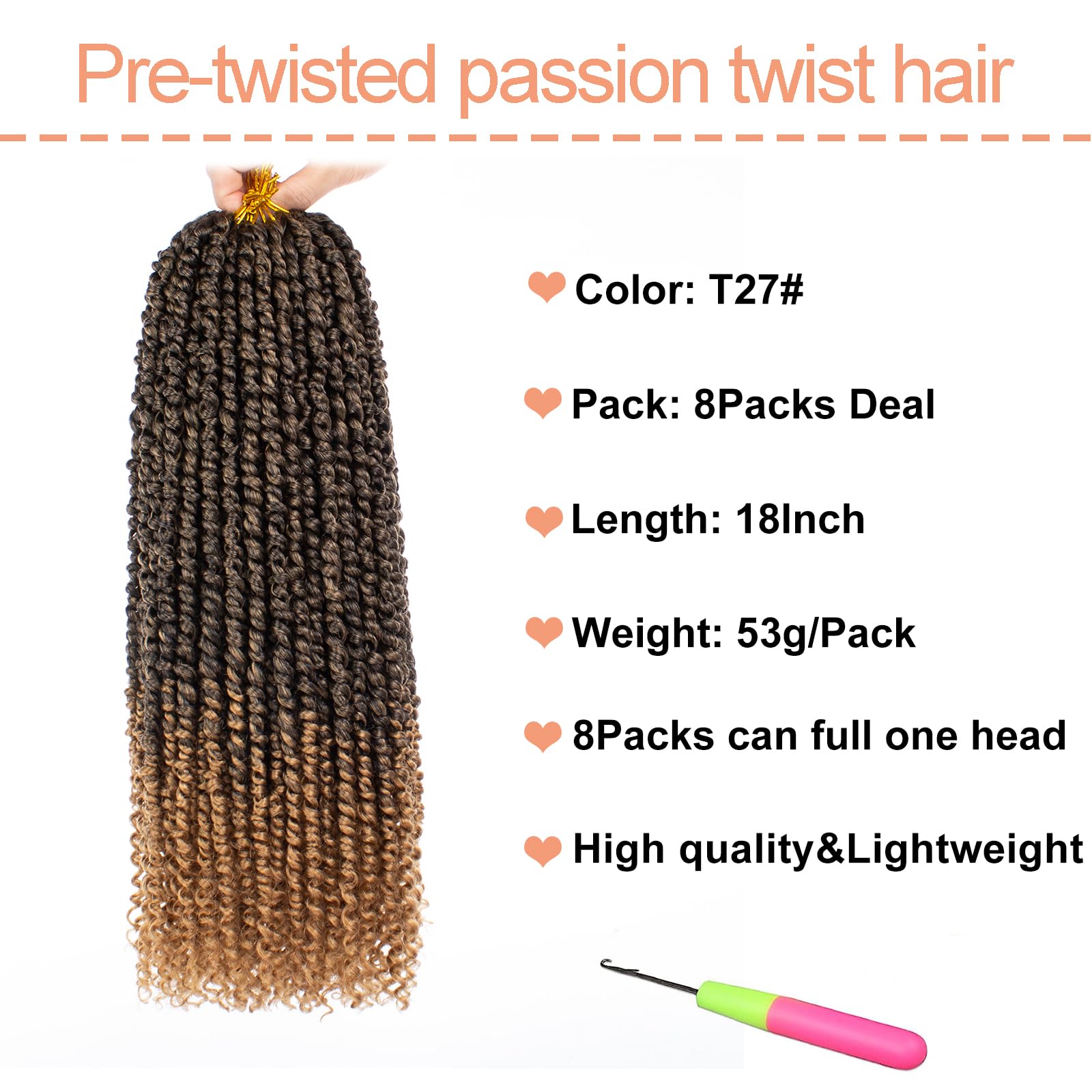 Mscat 8 Packs 18 Inch Pre-twisted Passion Twist Crochet Hair Ombre Pre-looped Crochet Braids Hair Extension (8packs, T27#) - Image 2