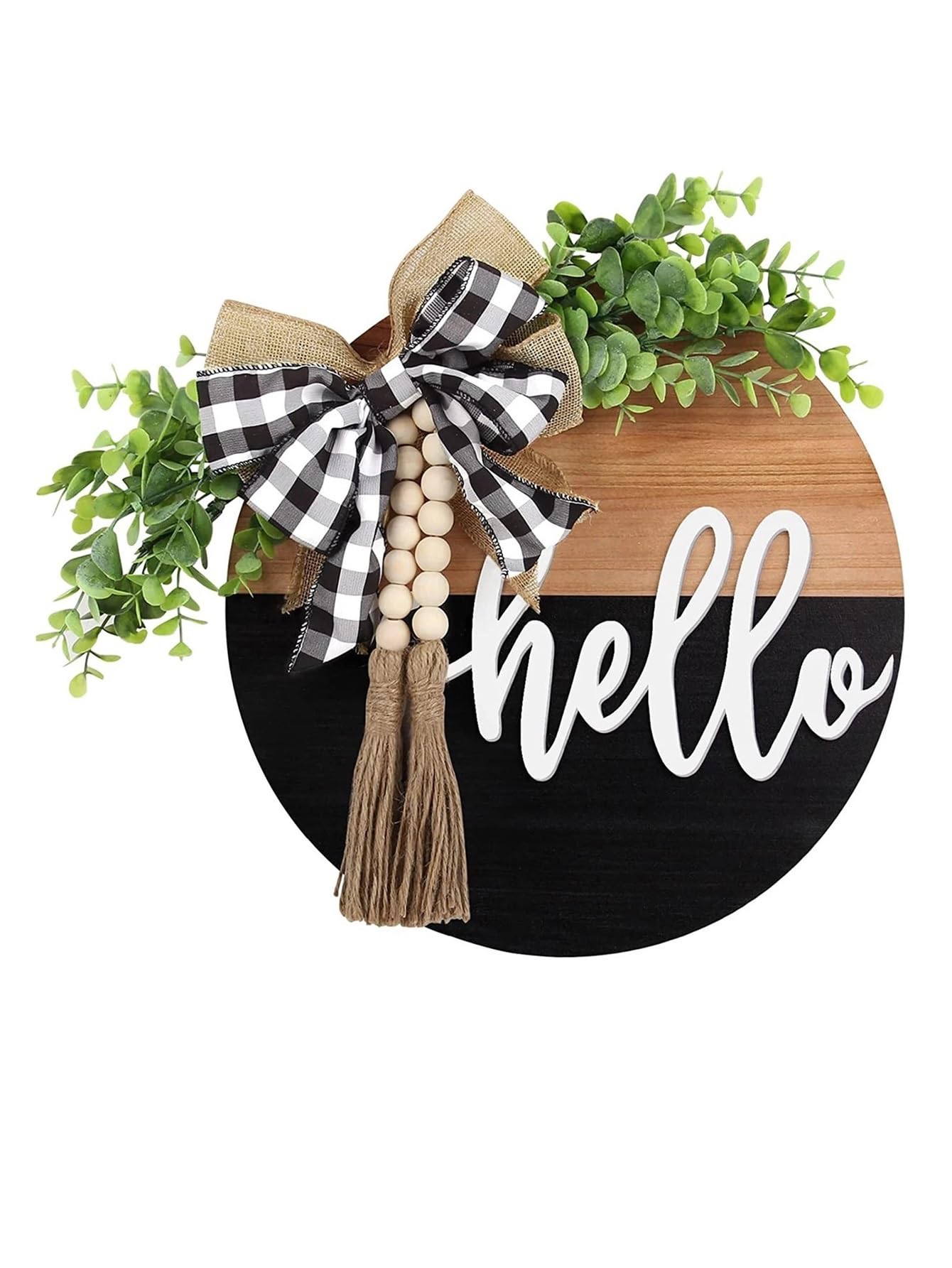 Front Door Wreath Welcome Sign 1pc 30cm Wooden Round Doorplate Door Decoration Home Background Wall Decorations Outdoor Door Hanging Garland(Hello)