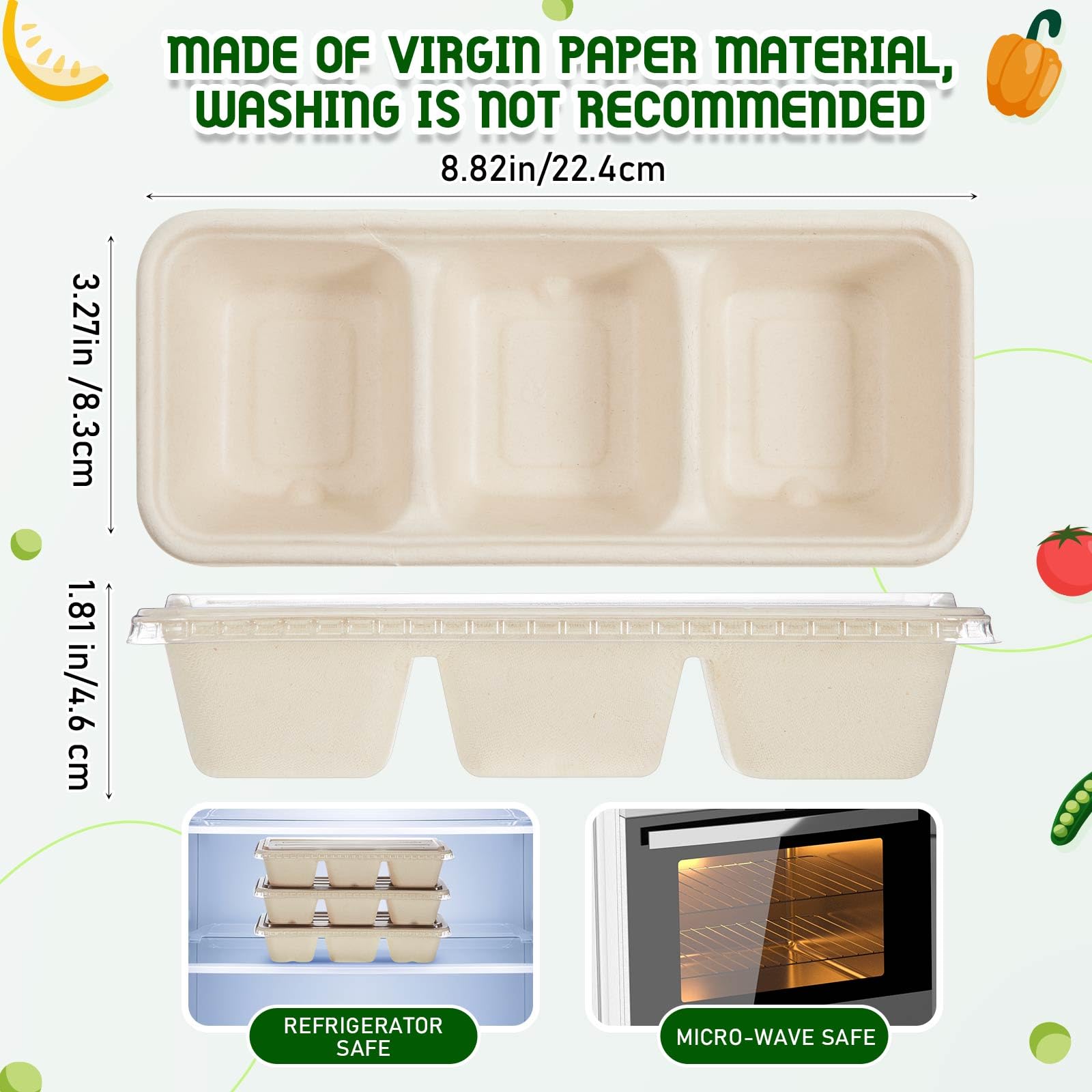 Hushee Paquete de 100 recipientes pequeños de 17 onzas para preparación de comidas, 3 compartimentos con tapas, cajas bento de plástico desechables, reutilizables, apilables, para viajes, para oficina