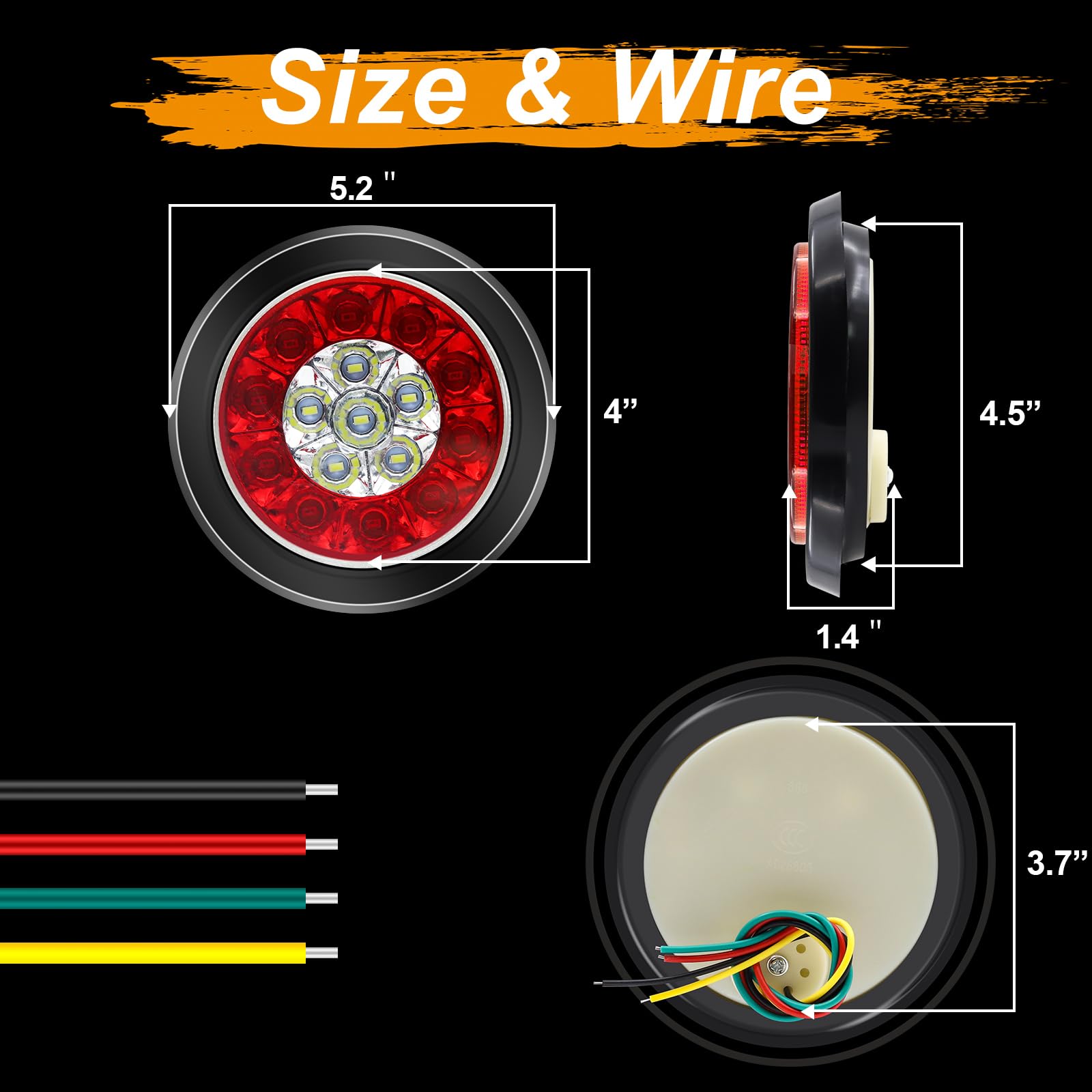 Biqing 2PCS 16-LED Rotonda Fanali Posteriori Rimorchio,24V Fanale Posteriore del Freno Ambra Luci Posizione LED Indicatori di Parcheggio Anello Cromato per Camion Rimorchi Auto Caravan