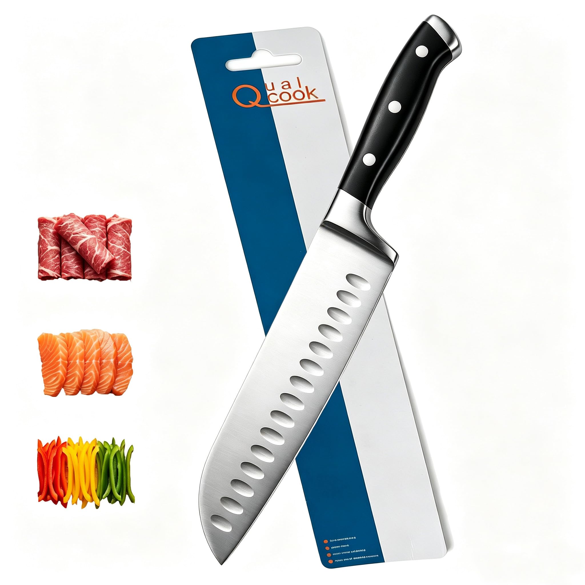 7 Inch High Carbon Steel Santoku Knife, Triple Rivet Kitchen Knives with Ergonomic Handle, Ultra Sharp Japanese Knife for Slicing, Dicing, Chopping Vegetables Meat and Fish