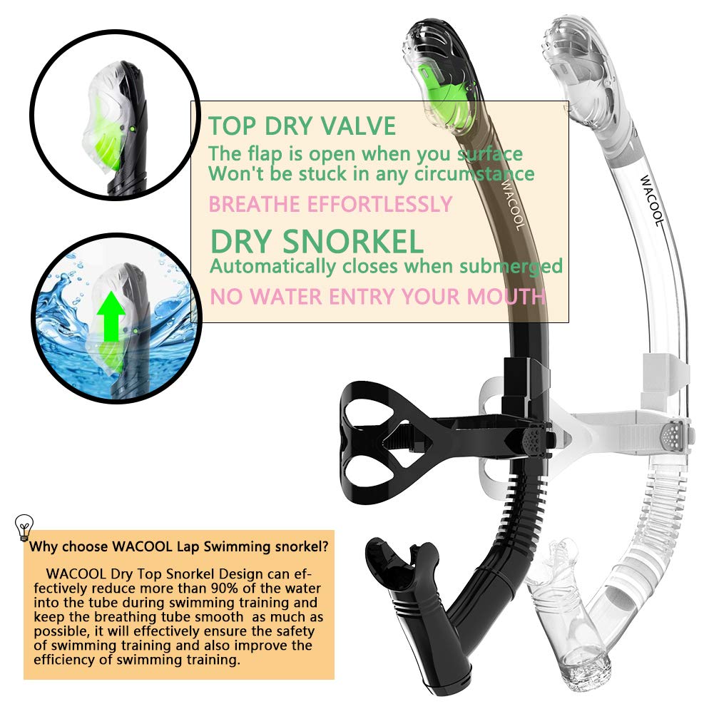 WACOOL Correa de entrenamiento para la cabeza, tubo de esnórquel con parte superior seca, boquilla cómoda, válvula de purga unidireccional para piscina, aguas abiertas, buceo, natación, natación,