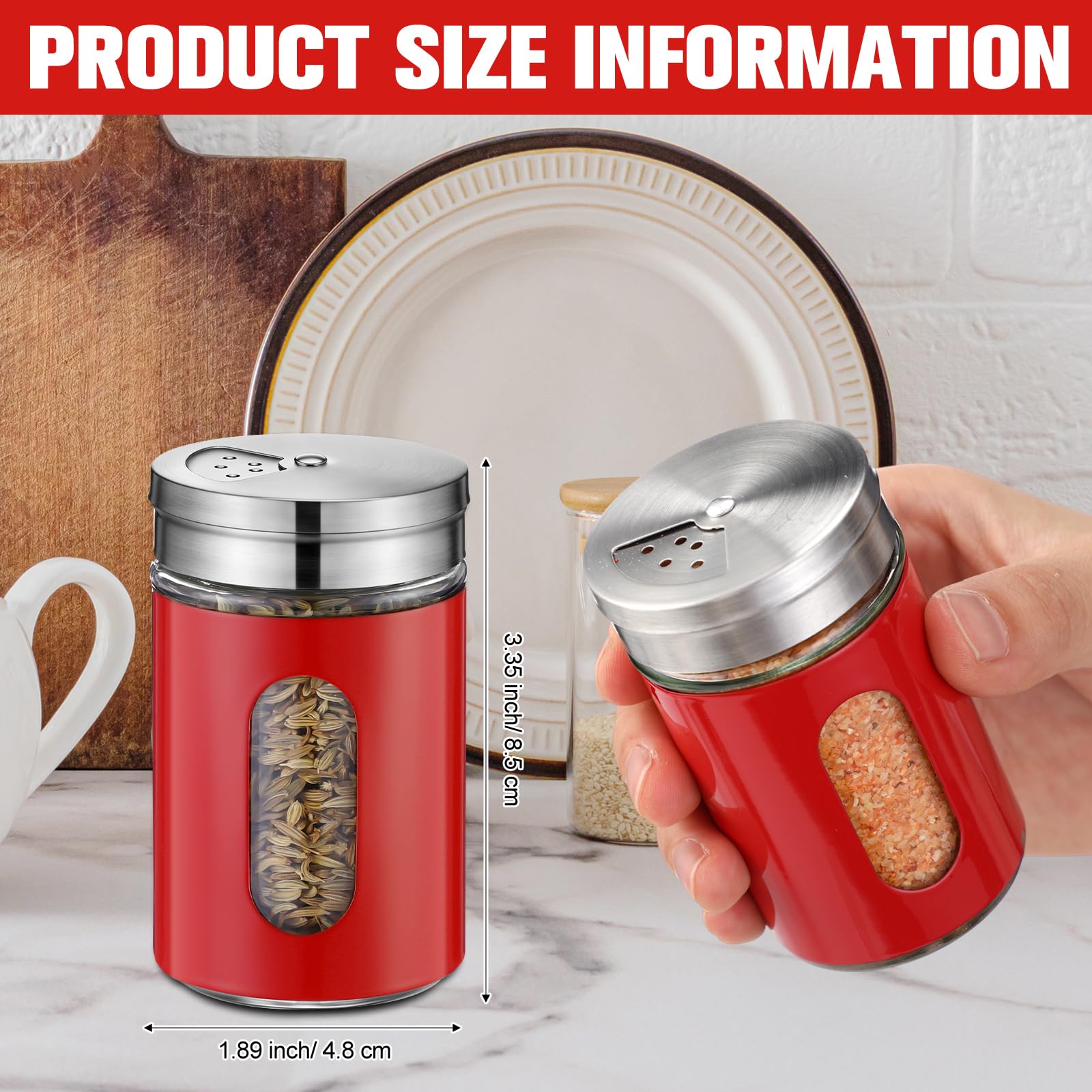 Teenyyou Juego de salero y pimentero de acero inoxidable con agujeros, dispensador de especias de acero inoxidable con agujeros ajustables, decoración moderna para encimera de cocina (rojo)