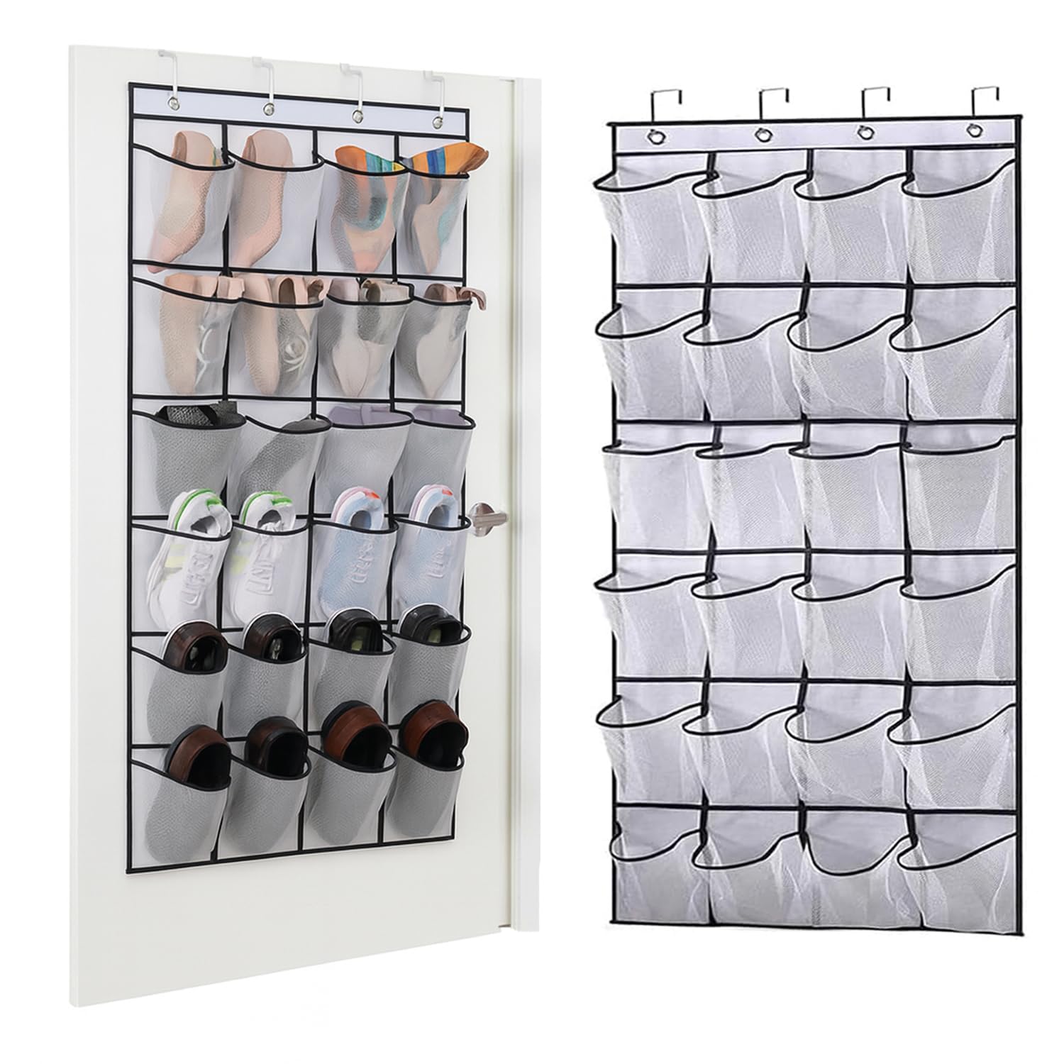 AMERTEER24 Large Mesh Pockets Over The Door Shoe Rack, Hanging Shoe Organizer for Closet Hanging Shoe Rack Holder Hanger, White Transparent Cloth Mesh