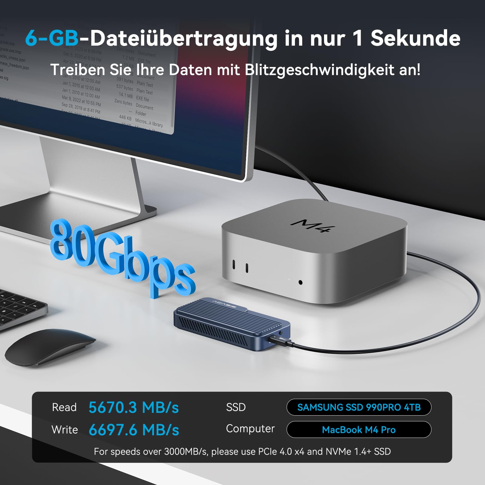 ACASIS TBU501PRO 80Gbps M.2 NVMe SSD Gehäuse mit Cooling Fan, 80Gbps Nvme Gehäuse Compatible mit Thunderbolt 5/USB4 V2.0, MacBook Pro M4/M4 Pro und M4 Max, Mac mini M4,Blau