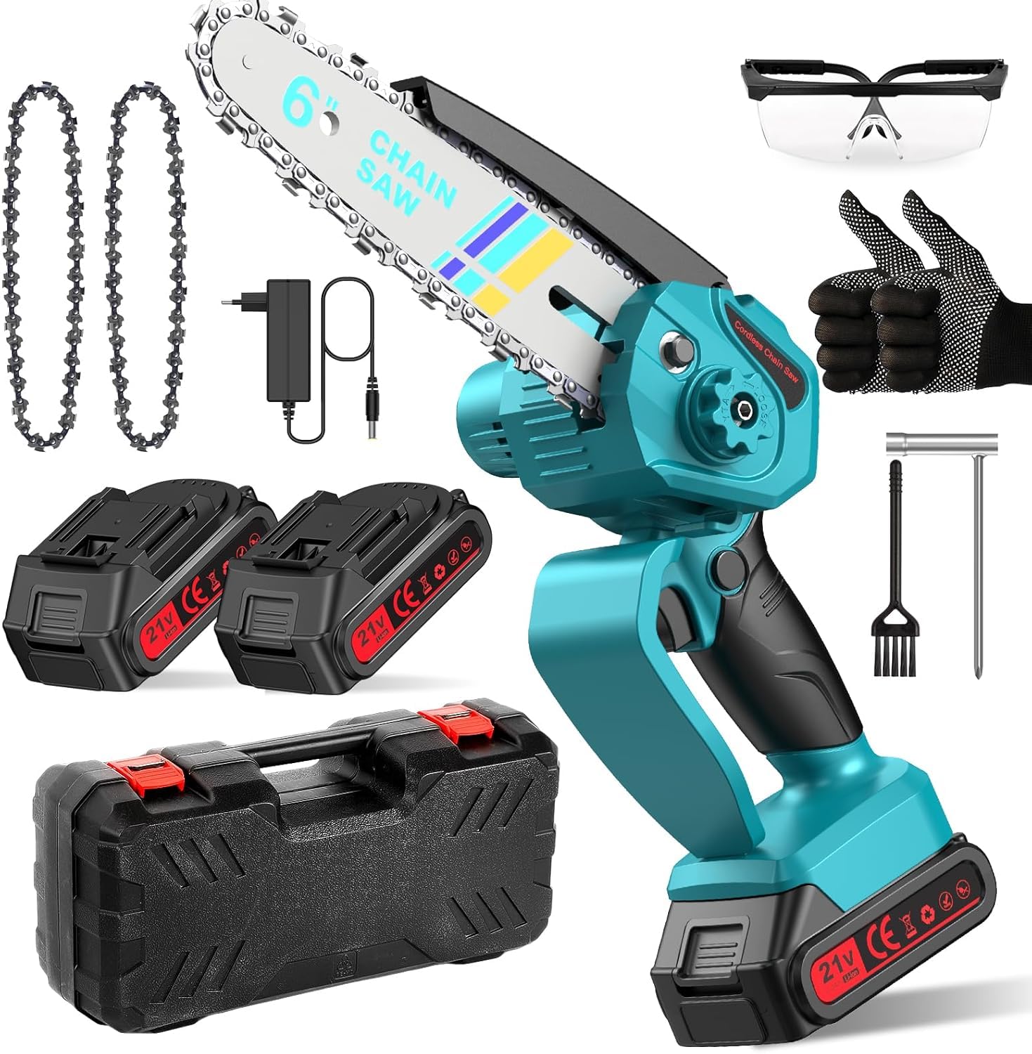 Mini Motosega a Batteria 6000mAh, 6 Pollici Motosega Elettrica con 2 Batterie, 2 Catene e Blocco di sicurezza per il Taglio Del Legno e Giardini