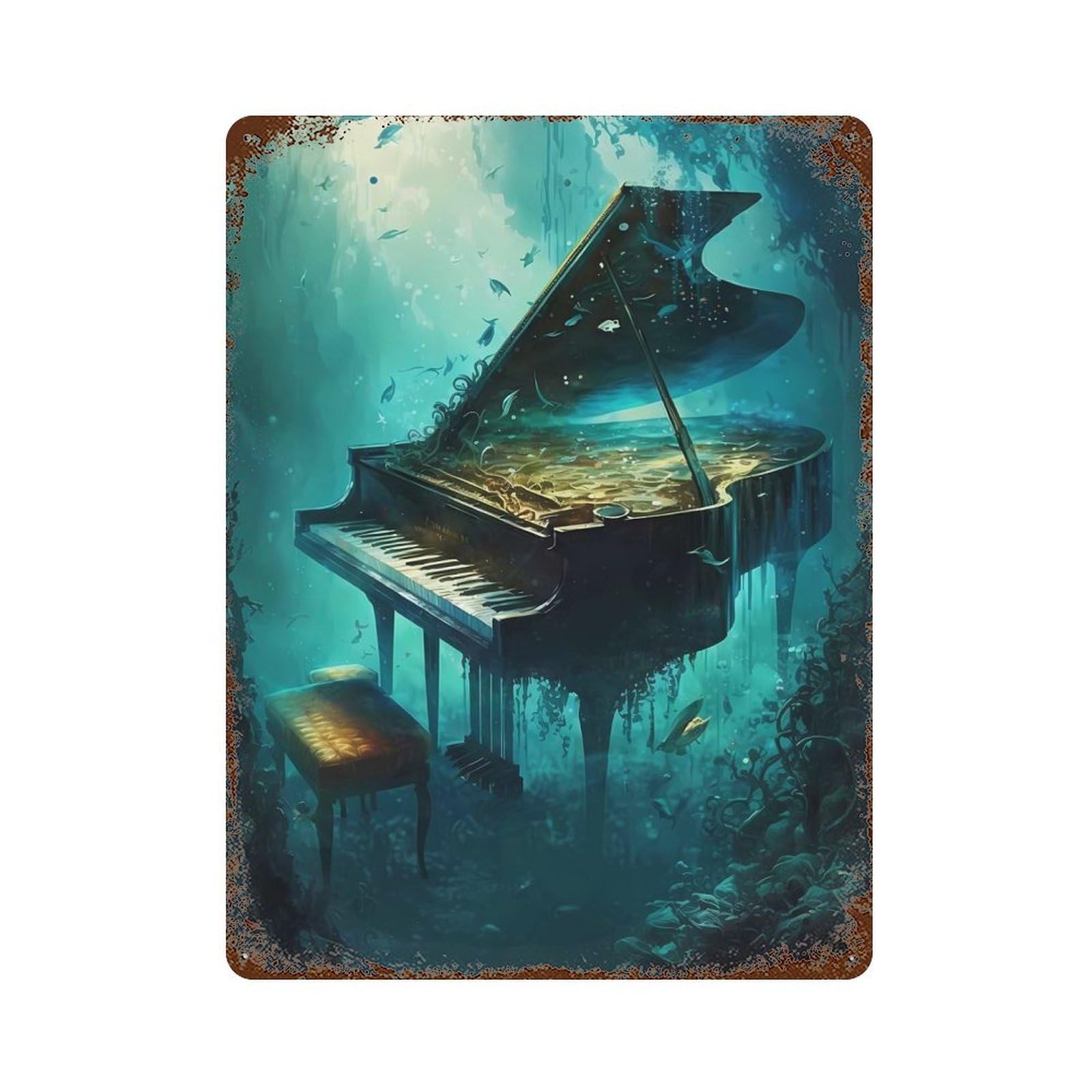 Aged Metal Wall Plaque with Piano Underwater Design 15.7"x11.8", for Cafe, Home Bar And Lounge Decor, Novelty Wall Decor