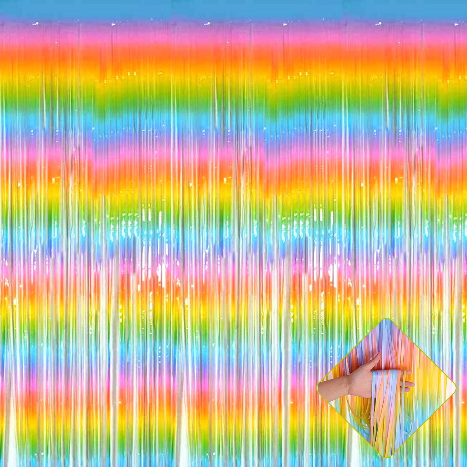 4 Pack 3.2Ft x 8.2Ft Rainbow Foil Fringe Curtain Backdrop, Colorful Metallic Tinsel Foil Fringe Streamers Curtains Background for Photo Booth,