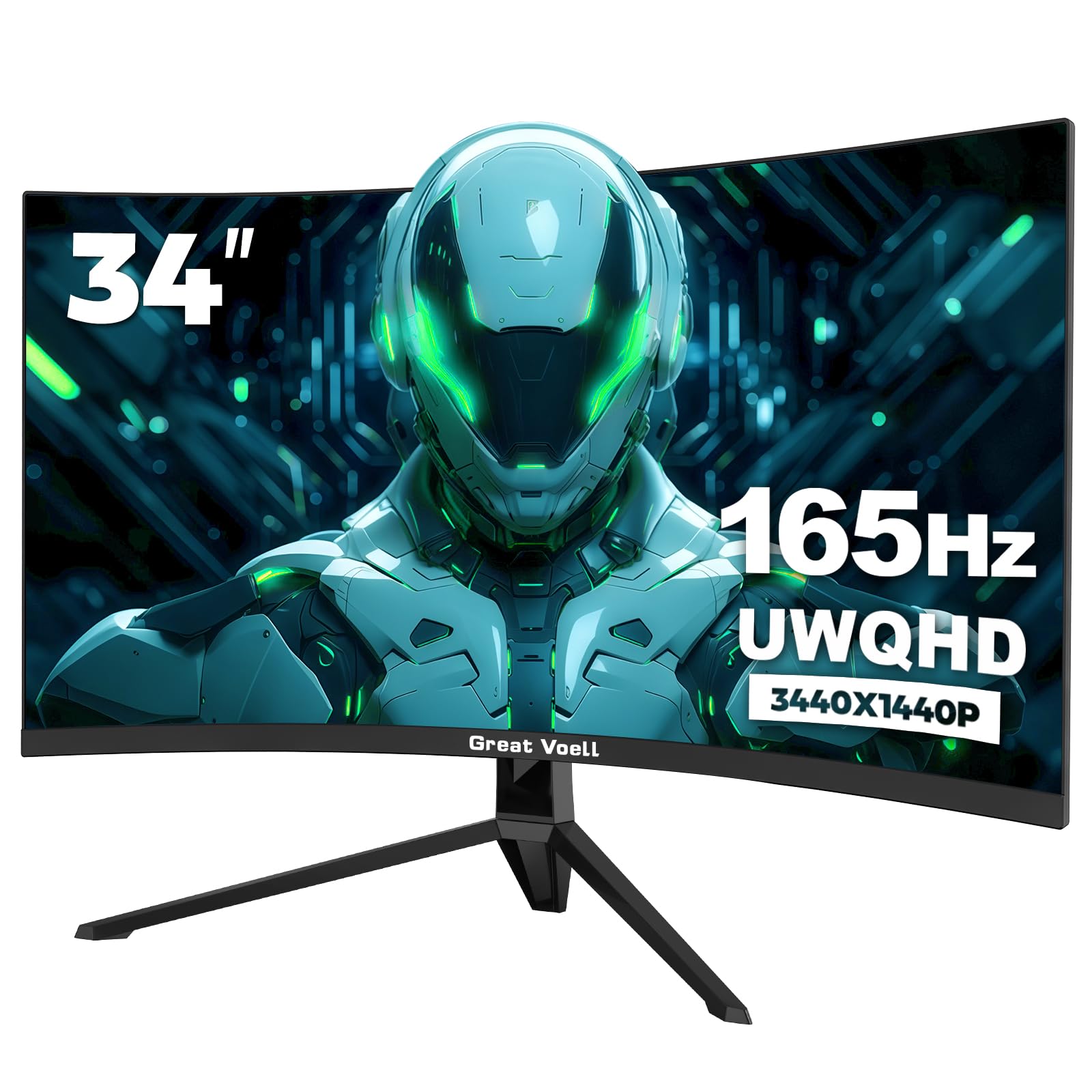 Great voell 34 inch Ultrawide Curved Gaming Monitor, 4K UWQHD(3440x1440) 165Hz PC WideScreen, 1500R 21:9 1ms MPRT, 127% sRGB VA panel 4000:1 contrast ratio, FreeSync, HDMI/DP, HDR, VESA Mountable
