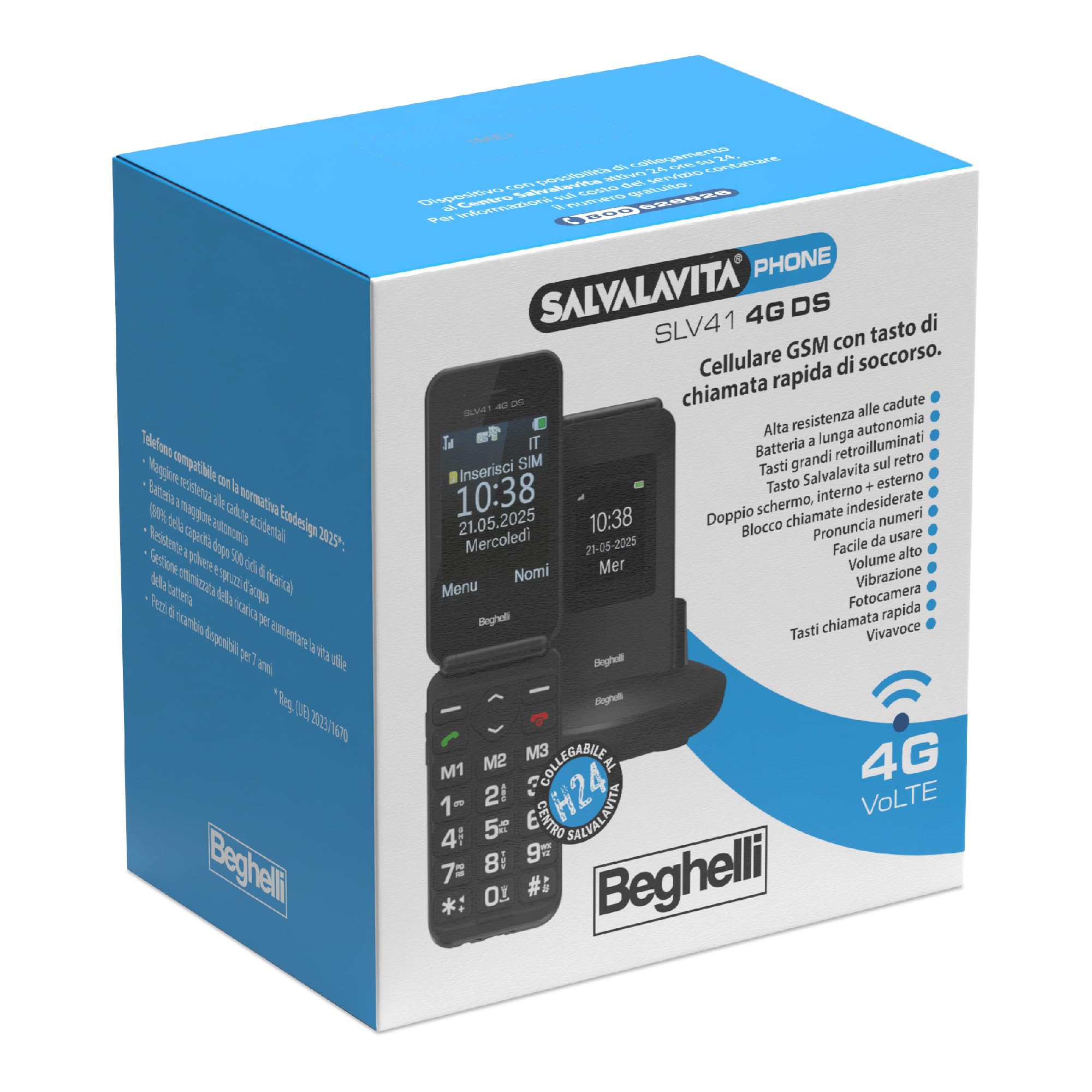 Beghelli - Telefono Anziani Salvalavita SLV41, Conchiglia, 4G, con Tasto SOS e Chiamata Rapida, Cellulare con Grandi Tasti, Volume Alto, Doppio Display 2.8", Torcia, Radio, Fotocamera - Colore: Nero