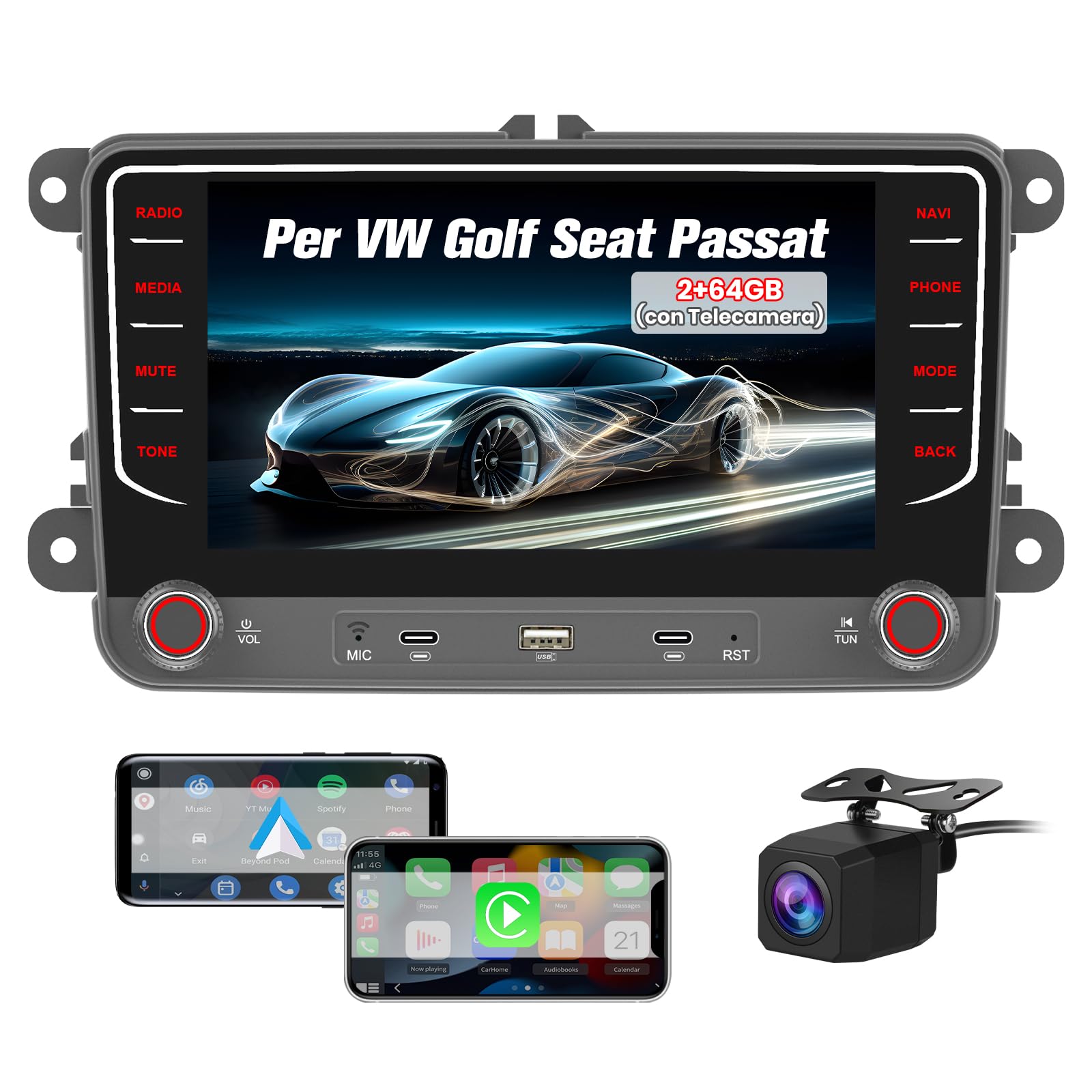 Autoradio 2 DIN per Golf 5 6 Passat Jetta Caddy Polo cc Tiguan EOS Touran T5 Scirocco Wireless CarPlay Android Auto Bluetooth/FM/RDS/USB/EQ/Tipo-C/Comandi al Volante