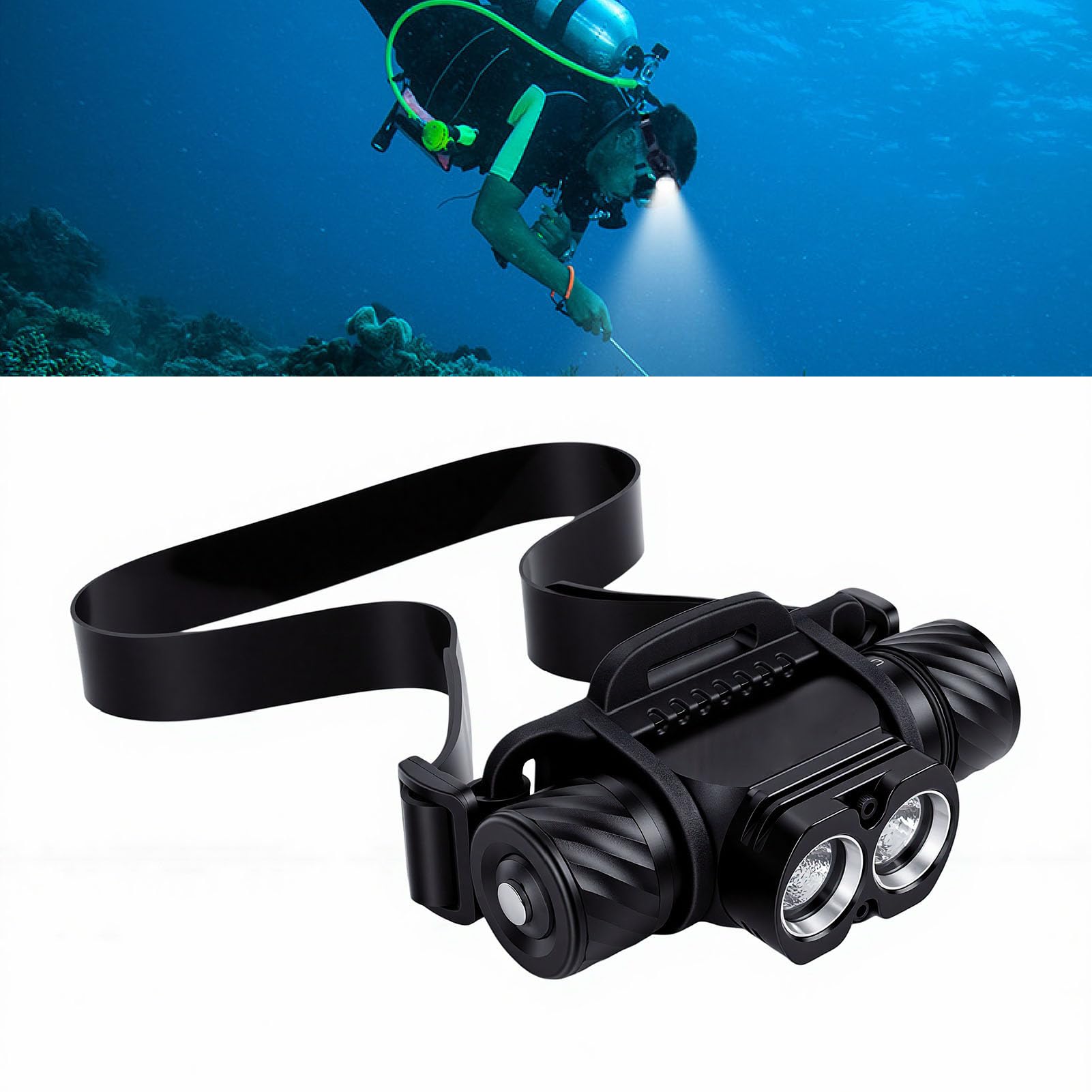 Garsent Tauchscheinwerfer 3000 Lumen Unterwasser-Taschenlampe, Wiederaufladbarer Tauchscheinwerfer mit 7H-Akku, IPX8 Wasserdichtes, Am Kopf Montiertes Tauchlicht für Meeresangeln, Speerfischen,
