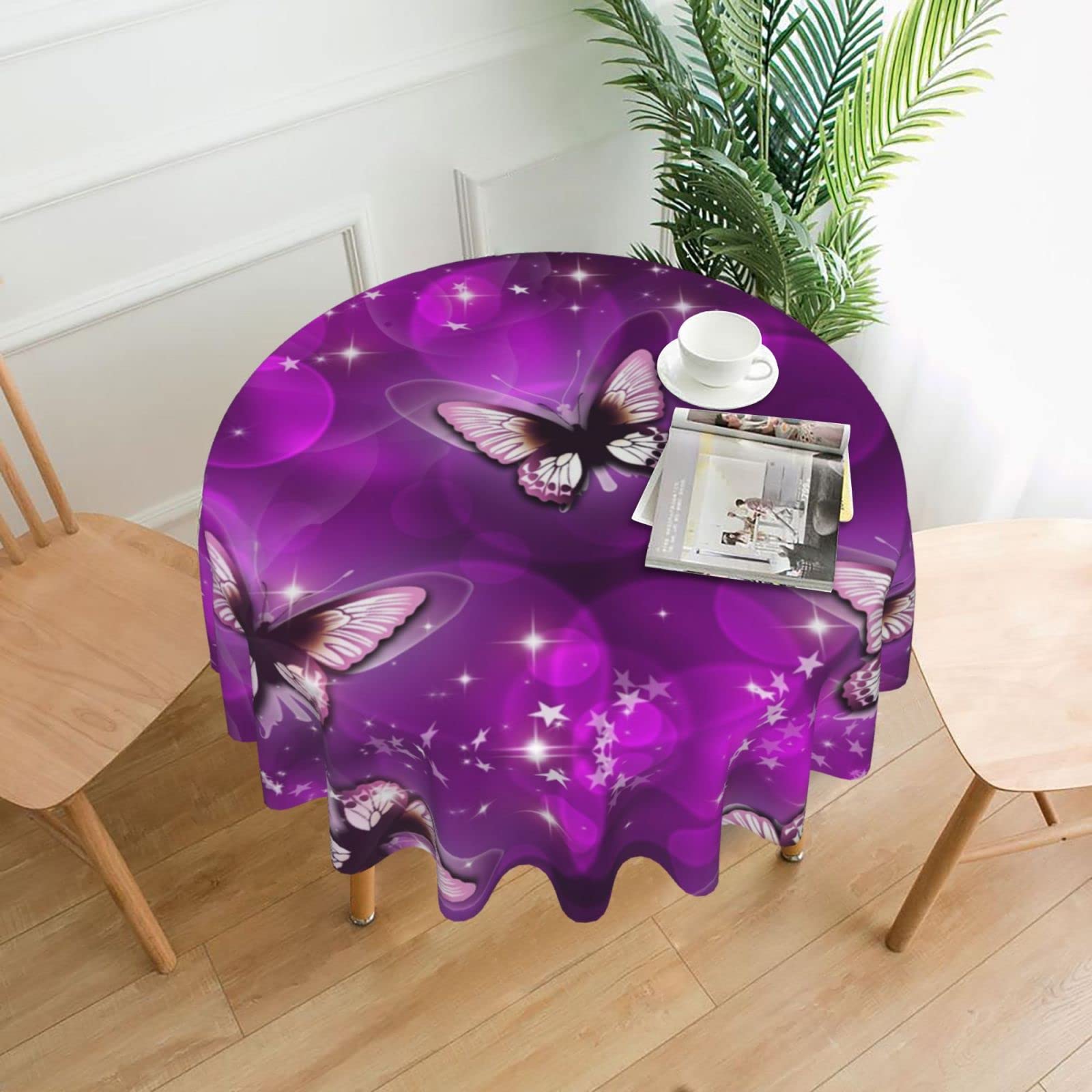 Lawenp Purple Butterfly Decorative Round Table Cloths - 60 Inches in Diameter for Buffet Tables, Parties, Holiday Dinners.