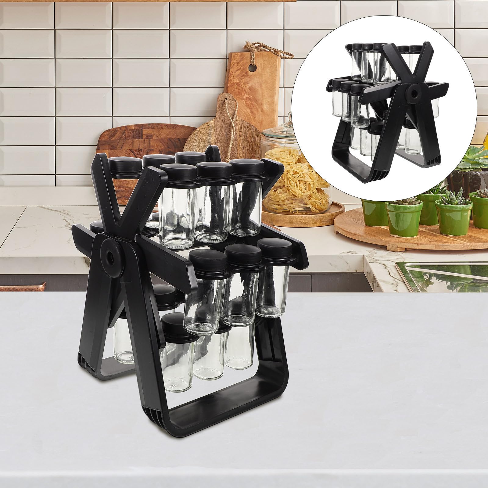 Organizador de Cocina con Frascos de Vidrio Transparentes y Estructura Ahorradora de Espacio en Forma de Noria para Almacenar Especias y Condimentos