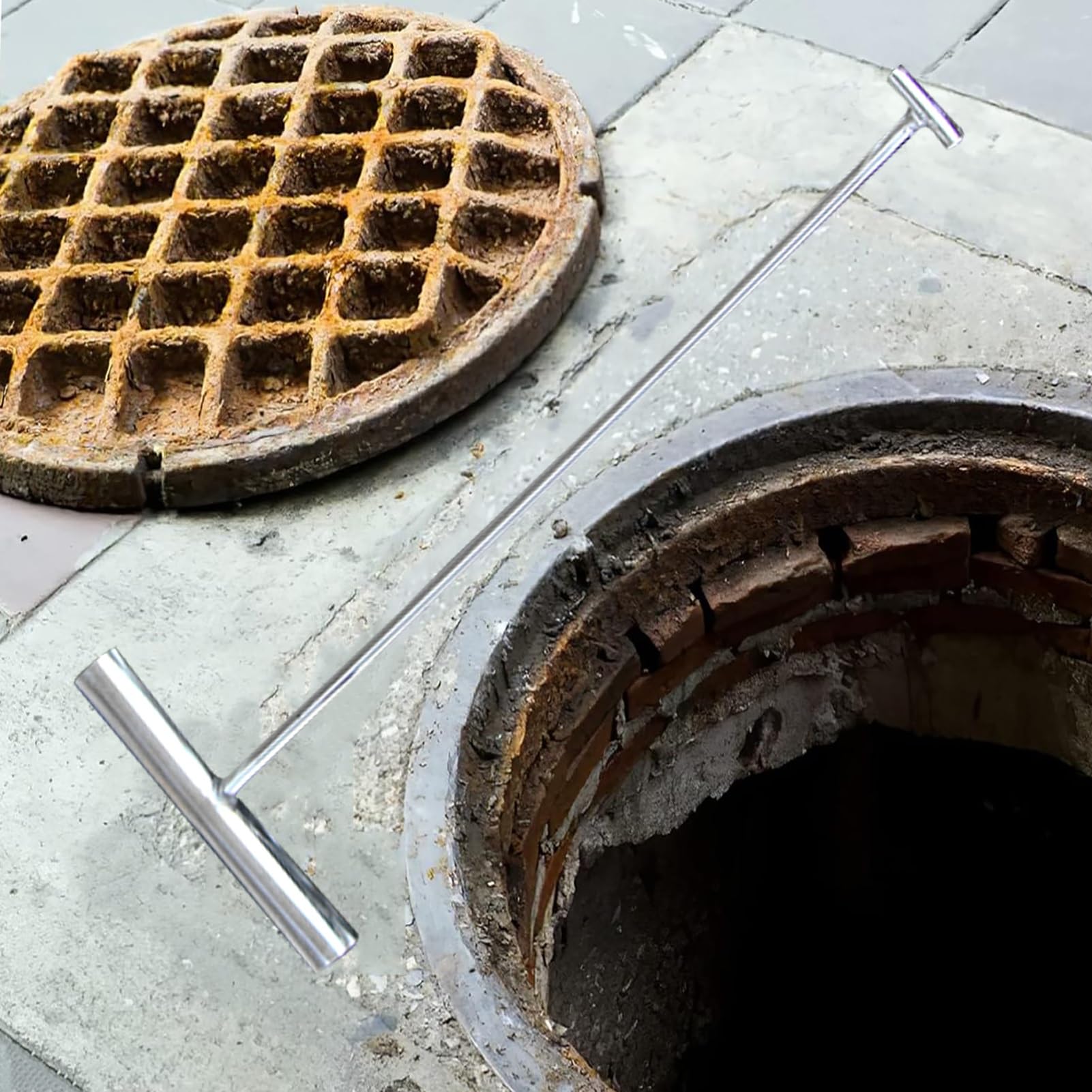 ZIMGOD Silver T Style Manhole Lifting Single Hook, Metal Puller Tool for Pulling Cargo/Removing Covers, Outdoor Multipurpose Storm Drain Cover Key(73.5cm (29