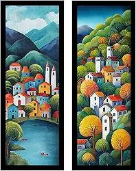 Kit 2 quadros 18x45, sala, escritório, pintura, cor, village (Preto)