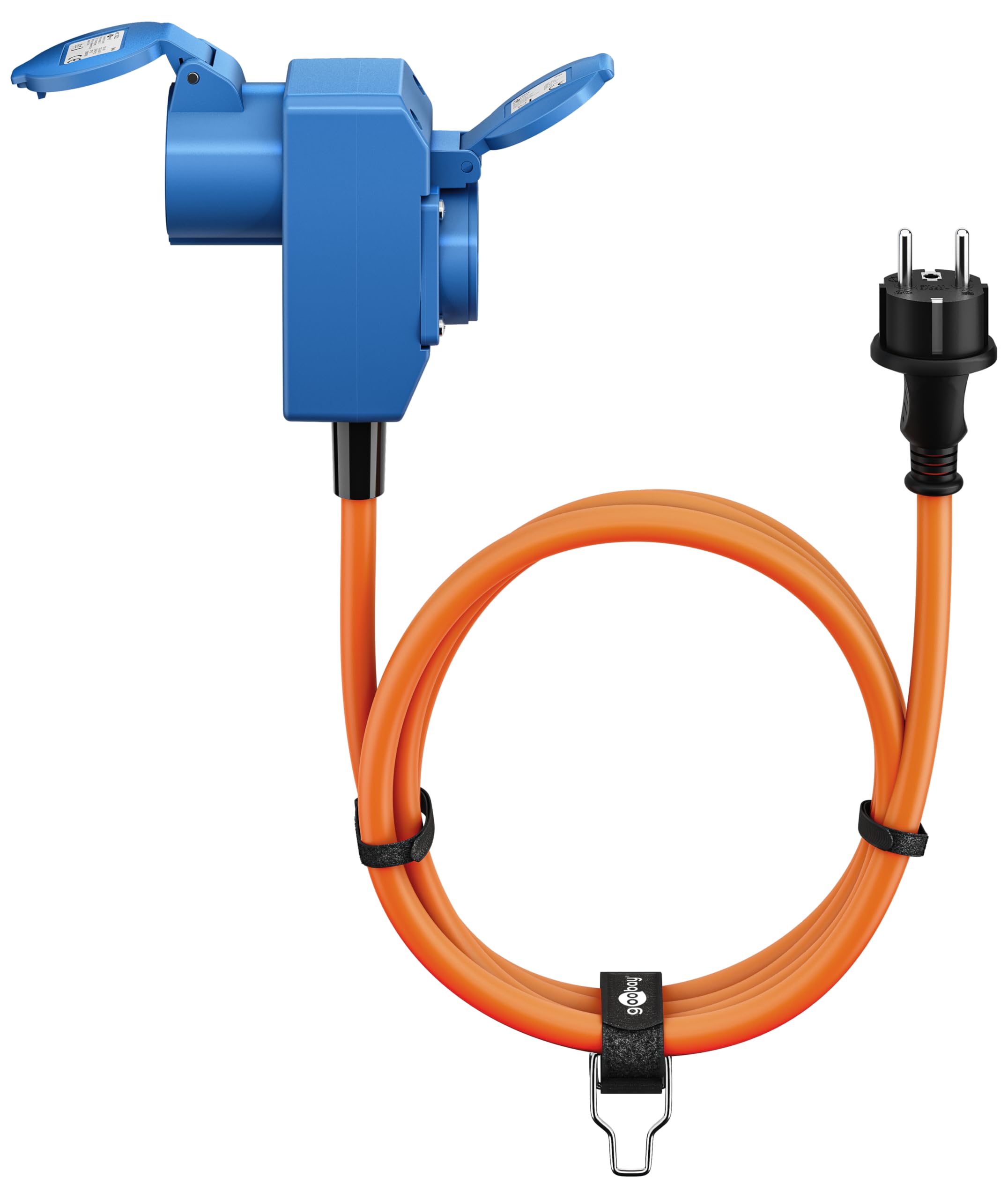 goobay EEC Adapter Cable for Caravan, 1.5 m, Plug with Protection Contact to 90° CEE Socket and Socket with Protective Contact with Locking Caps, Camping Cable, Motorhome and Caravan, 76222