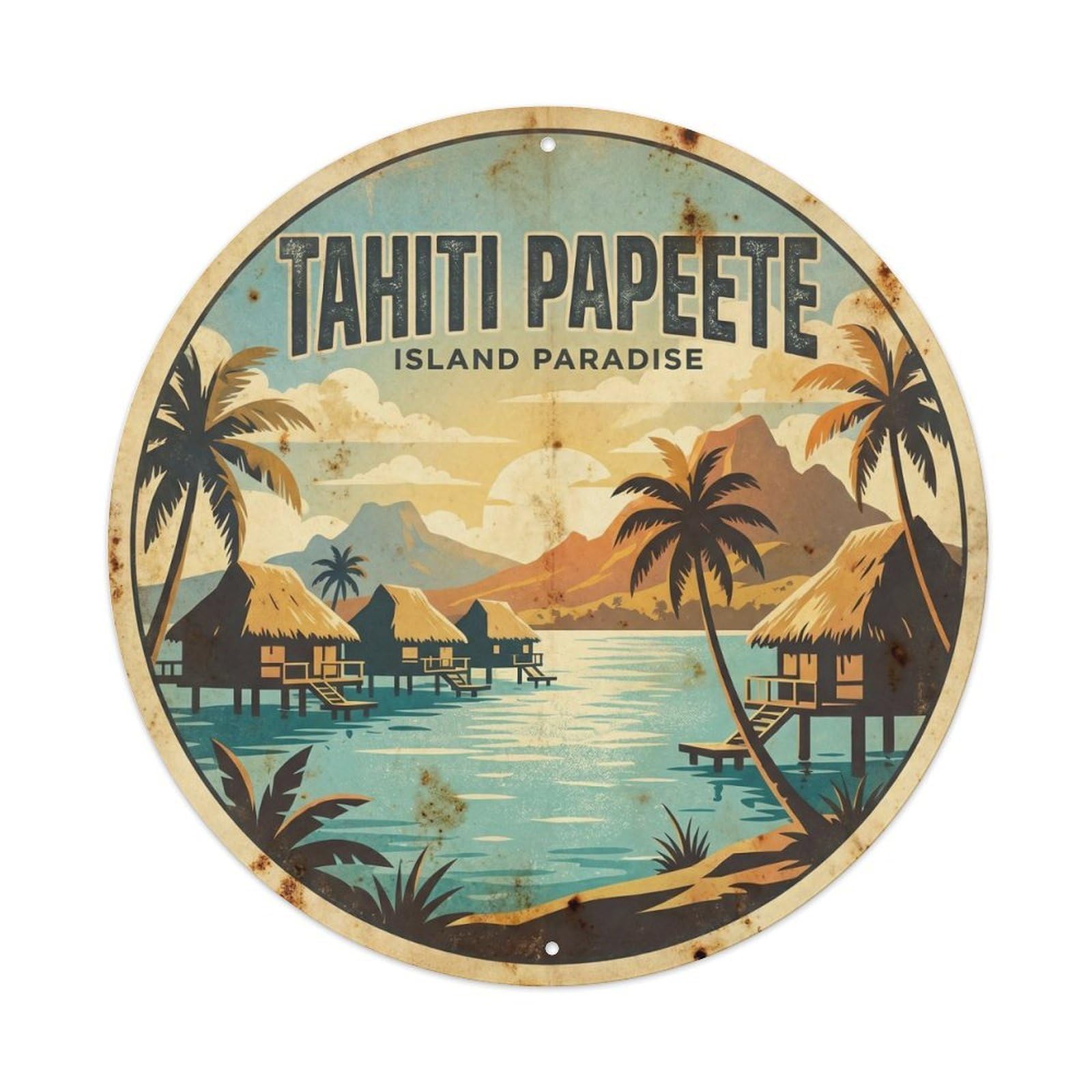 Odgynaw 8X8inch(20X20cm) Tahiti Papeete Ocean Coast Vintage Travel Metal Tin Sign