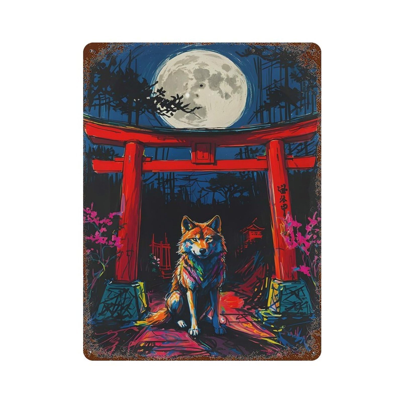 Rust Effect Tin Sign The Wolf Sits in Front of 15.7"x11.8", Vintage Wall Decor for Living Room, Hallway And Home Decor