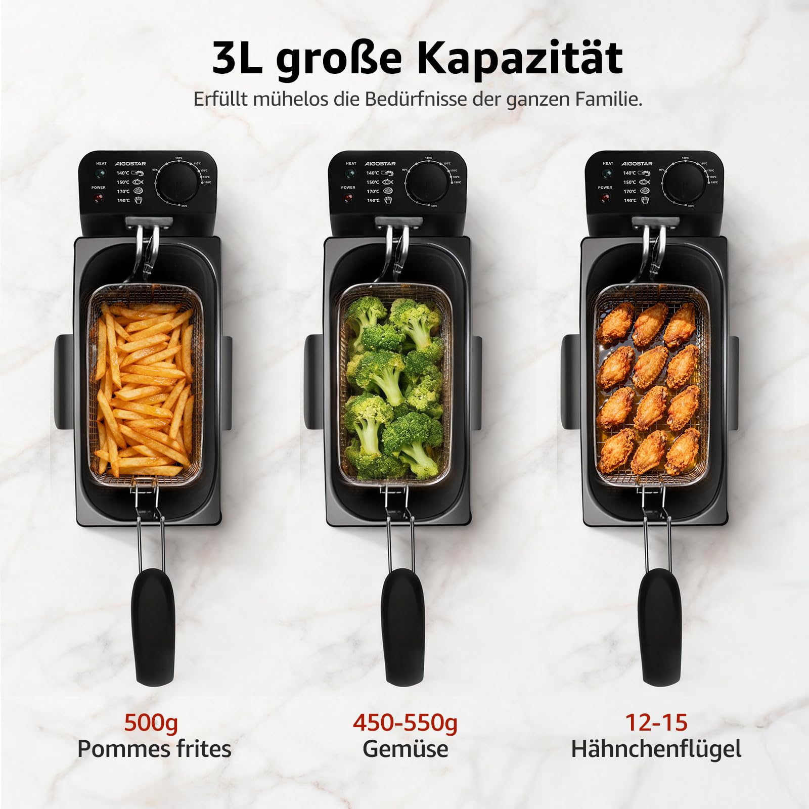Aigostar Slater - Fritteuse mit öl-3L, 2200 W friteuse mit fett Staubschutzdeckel inkl. Sichtfenster, stufenloser Temperaturregler bis 190°C, Abnehmbare Teile, Einfach zu Reinigen, knusprige Pommes