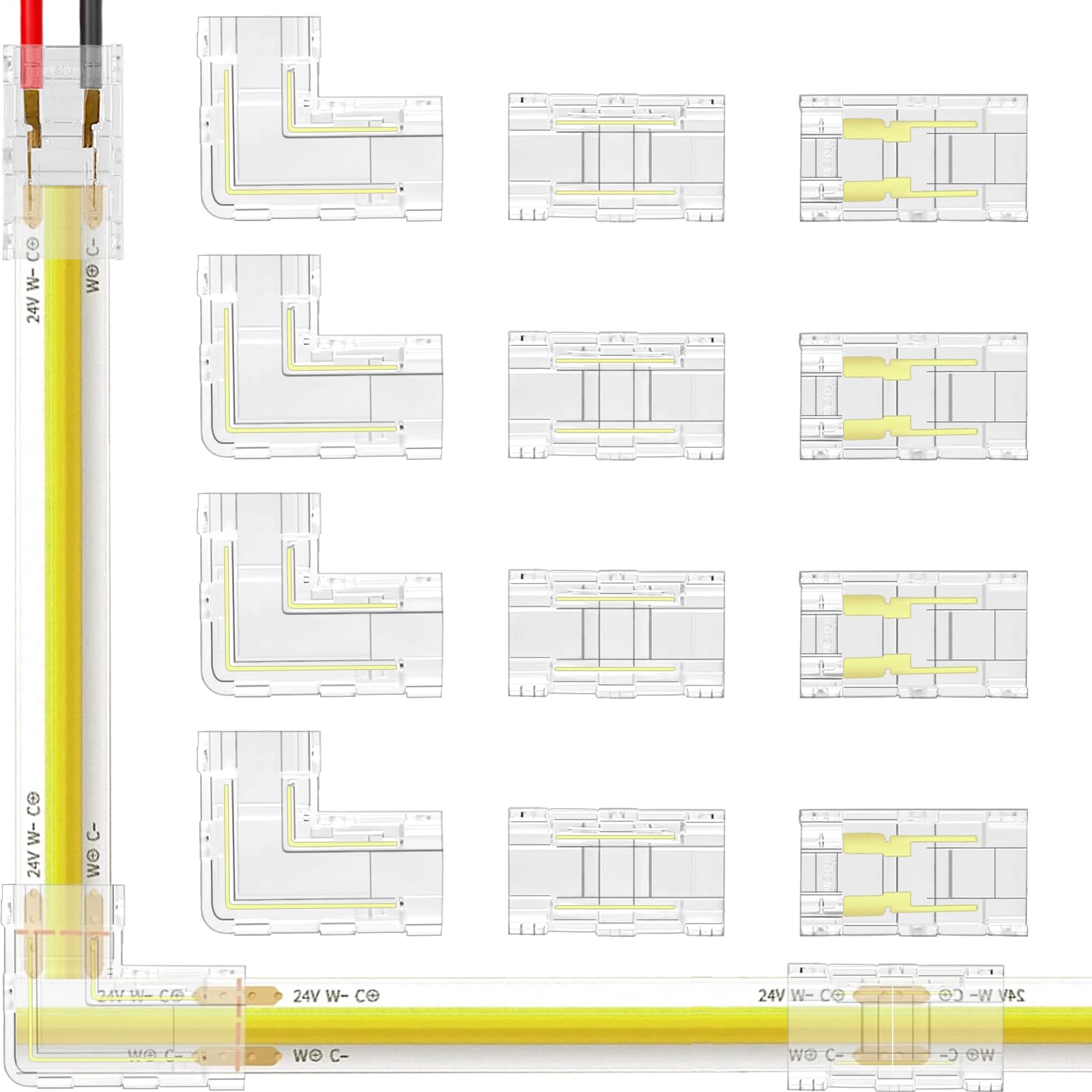 2Pin 8mm COB LED Strip Connectors Kit, Incl. 8Pcs Dual End, 6Pcs L-Shaped Connectors, 6Pcs Strip to Wire and 10Pcs 22AWG Extension Wires (15CM) for COB/SMD 2835 3528 Single Color LED Strips