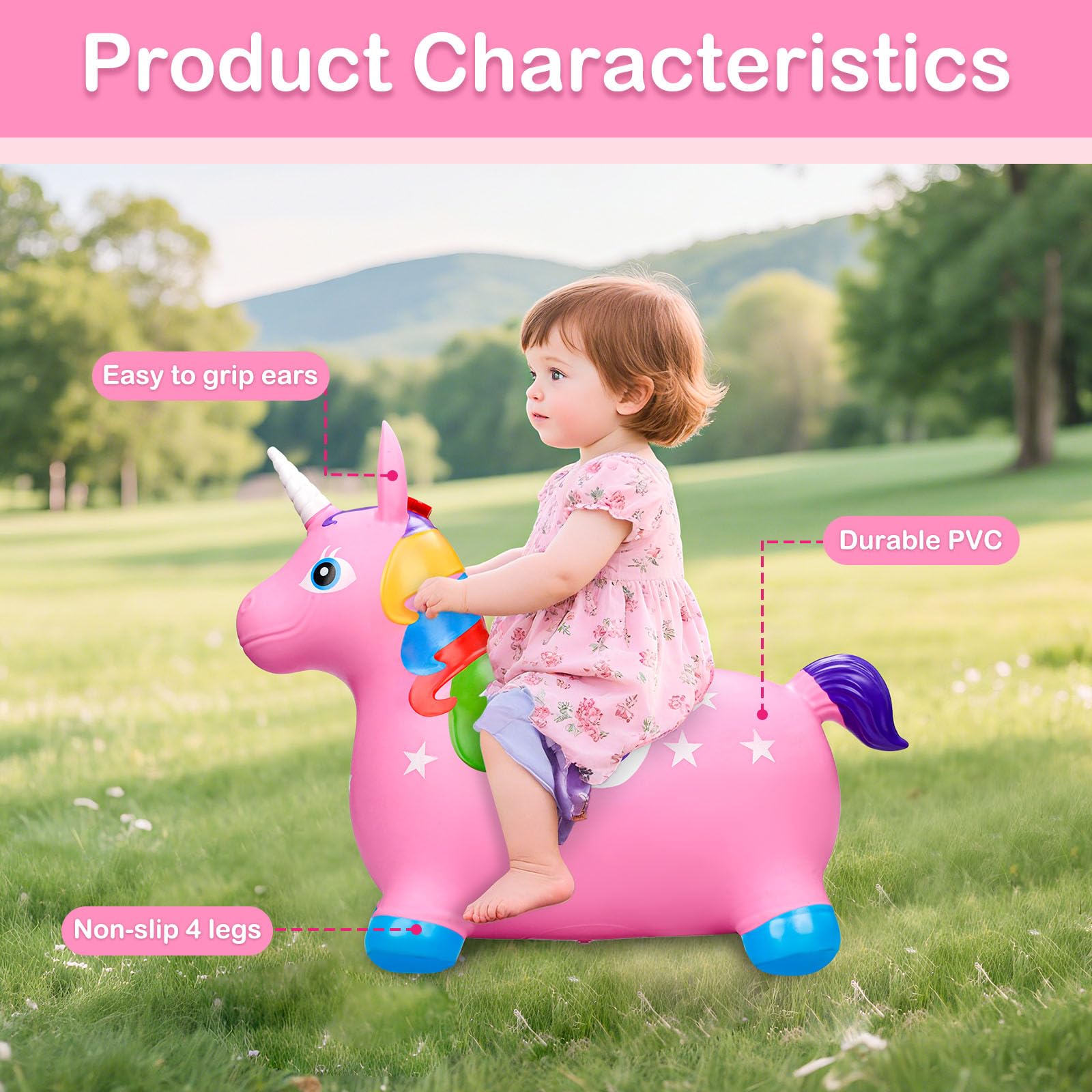 Juguetes de salto con unicornio con bomba de aire – Colorido caballo saltarín para niños de 0–3 años – Juguetes de salto inflables de PVC grueso, no tóxico – Diseño antivuelco, antideslizante y