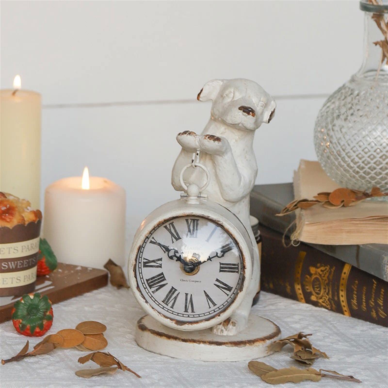 Décorative Horloge de Bureau créative Chevet Ornements Antiques Belle Chien Sculpture Horloge à Quartz Style campagnard pour Bureau Chambre Table