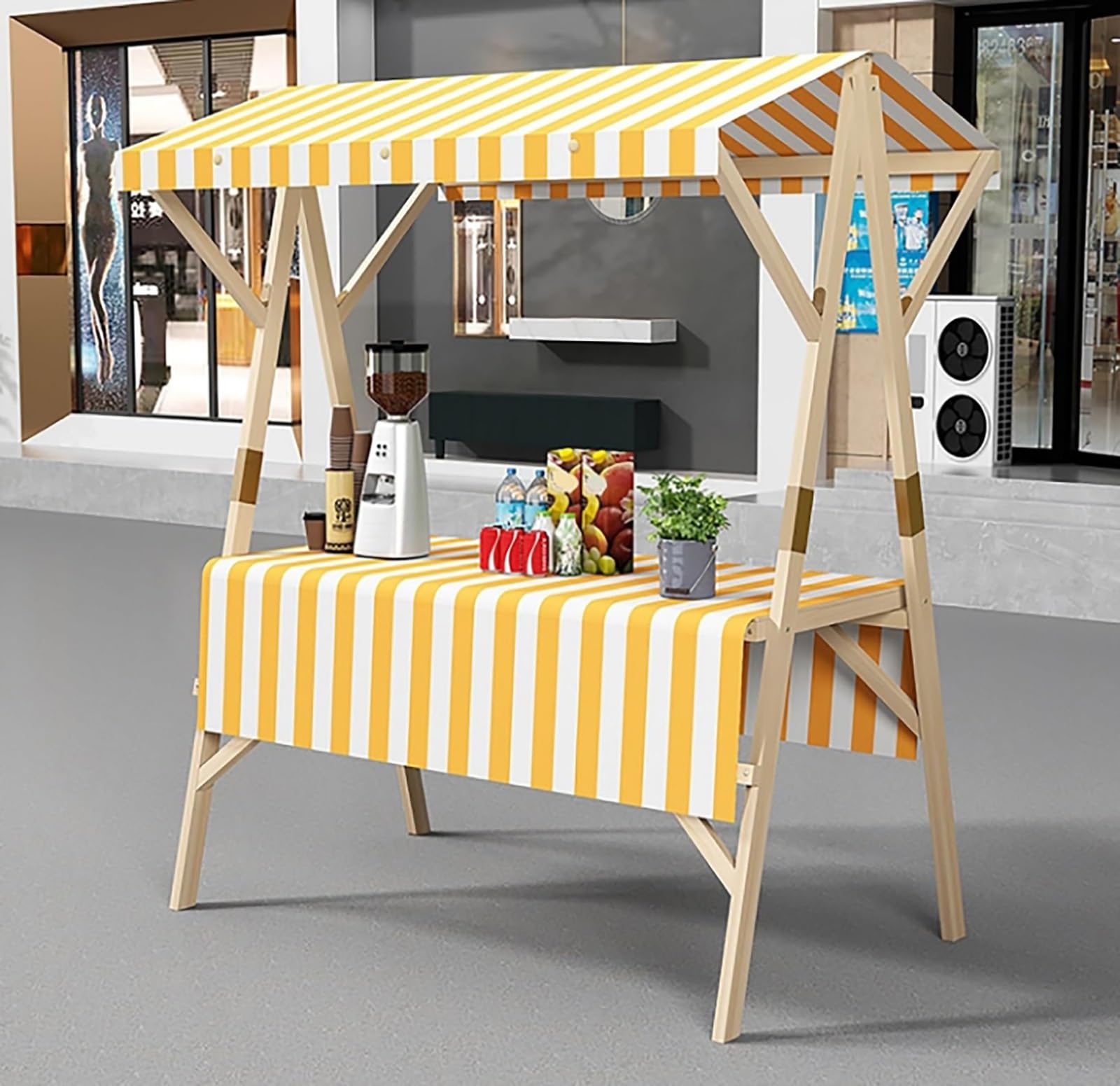 Soporte de madera plegable para mercado y puestos ambulantes con toldo
