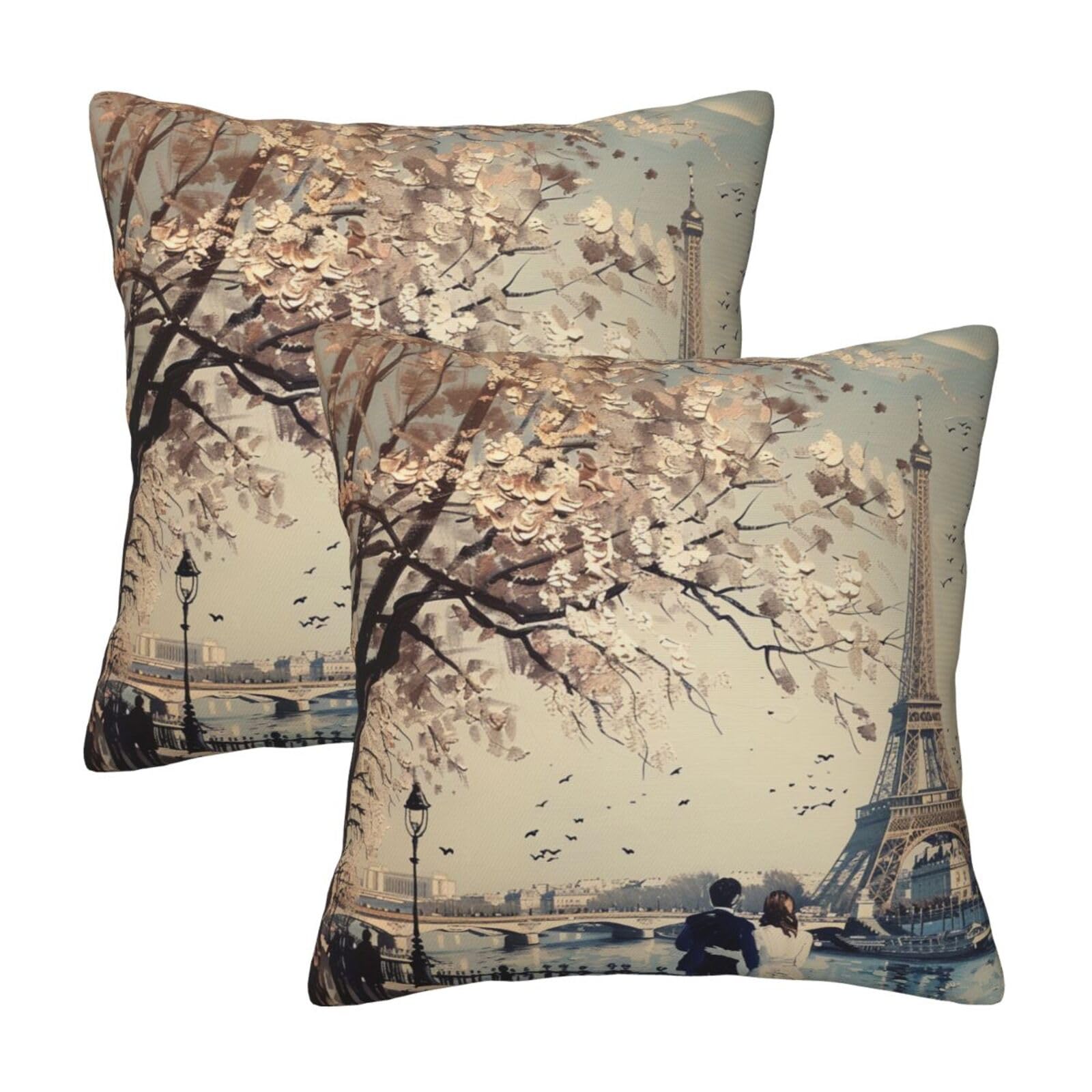 Romantic Paris Eiffel Tower Throw Pillow Cases 2 Pack Square Pillowcases Soft Pillow Protectors for Couch Livingroom Sofa Bed Office Car,30x30 CM