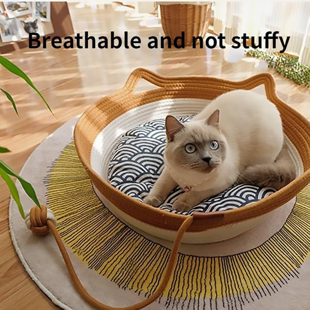 سرير قطط منسوج يدويا من بابوريتش، وسادة خدش للقطط من القطن والكتان الطبيعي بتصميم منزل صغير جيد التهوية وعديم الرائحة مع كرة حبل للعب، للحيوانات الاليفة (طقم ازرق، M)