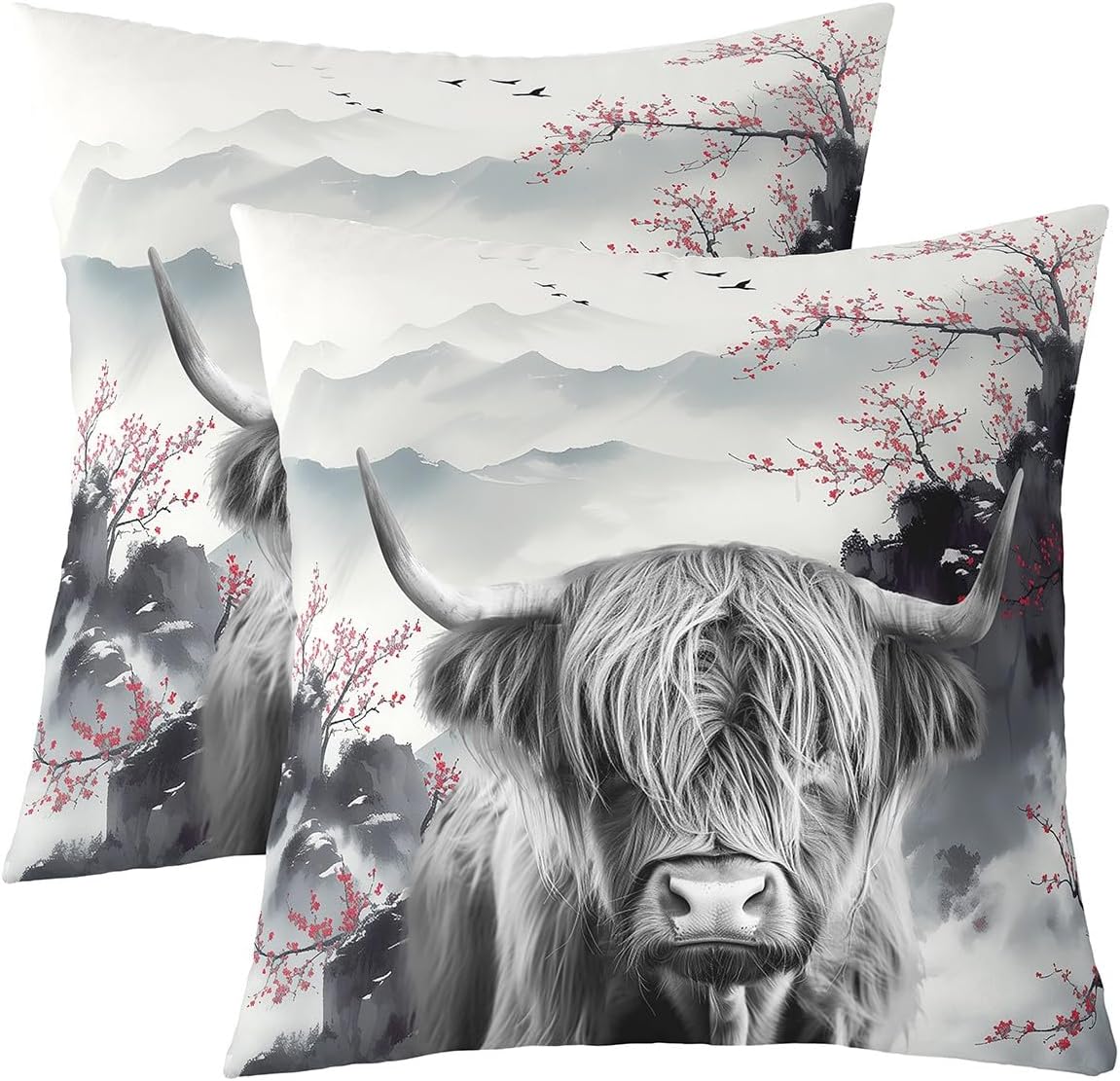 Western Farm Cow Pillow Covers 3D Abstract Brown Highland Cow Cushion Covers for Kids Teens Adults Wooden Stripes Retro Floral Rustic Farmhouse Style Cushion Cases for Sofa 24x24 Inch Set of 2