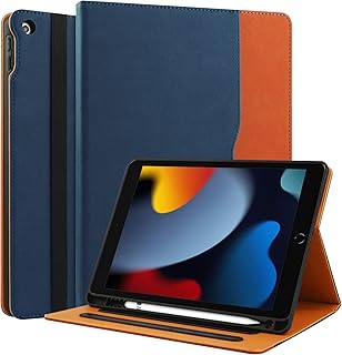 iPad 9th/8th/7th Generation Case 2021/2020/2019 iPad 10.2 Inch Case with Built-in Pencil Holder, Folio Stand Cover with Multiple Angles & Auto Sleep/Wake for iPad 10.2 Inch 9/8/7 Gen, Navy Blue/Brown