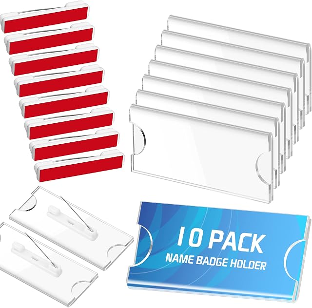 Name Badges Holder Name Tags with Pins for Clothes Clip and Badge Integrated Clear Acrylic Sign Display Holder DIY Blank ID Holders Printable Name Label for Work Clothes Shirt Business (10 Pcs)