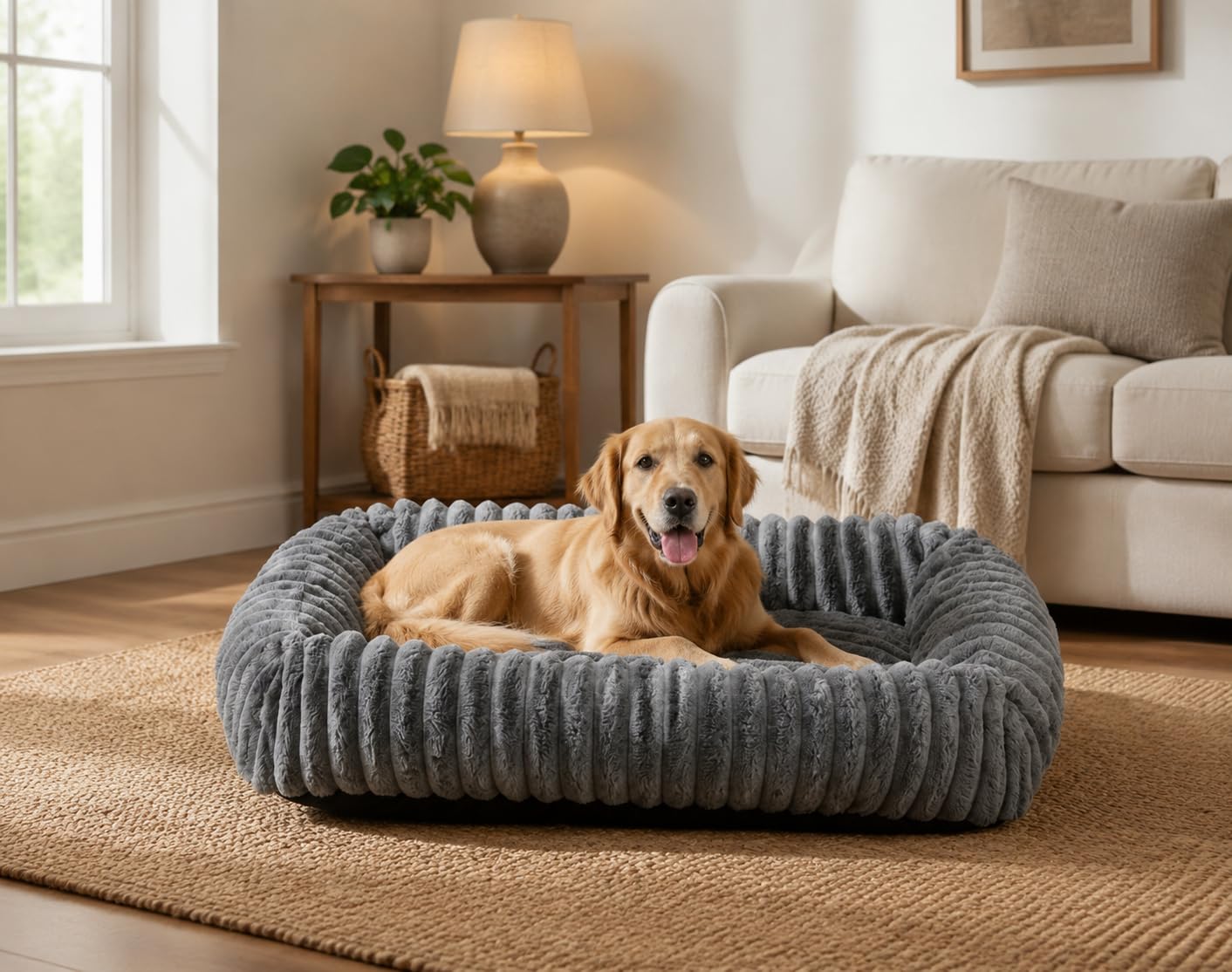 Oveppy Dog Bed Extra Large Washable, Super Soft Rectangle Dog Beds, Warming Furry Pet Bed with Removable Zipper Cover, Grey, 89x64x23cm — image 1