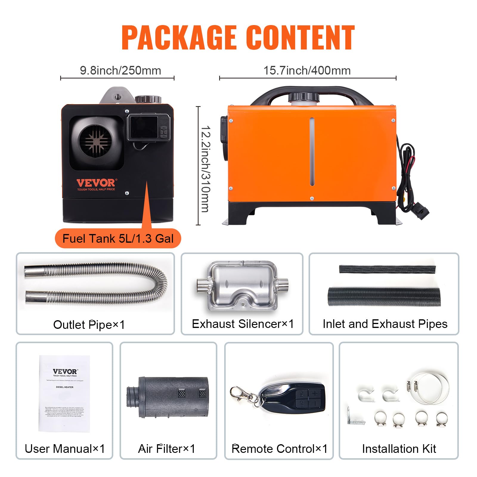 VEVOR Calentador Diésel Portátil Todo en Uno 12V 5-8KW Calentador de Aire Diésel 0,16-0,62 L/h 8~36°C Ajustable 20-25 m² LCD Bluetooth Mando a Distancia 5L Depósito para Autocaravana Sin Instalación