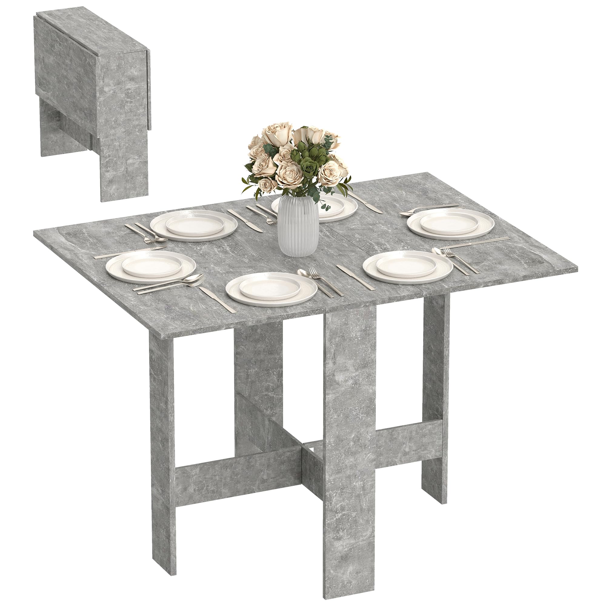 HOMCOM Folding Dining Table, Space-Saving Drop Leaf Kitchen Table for 4-6 People, Multi-functional Desk for Small Space, Flat & Studio, Modern Breakfast Table, Grey