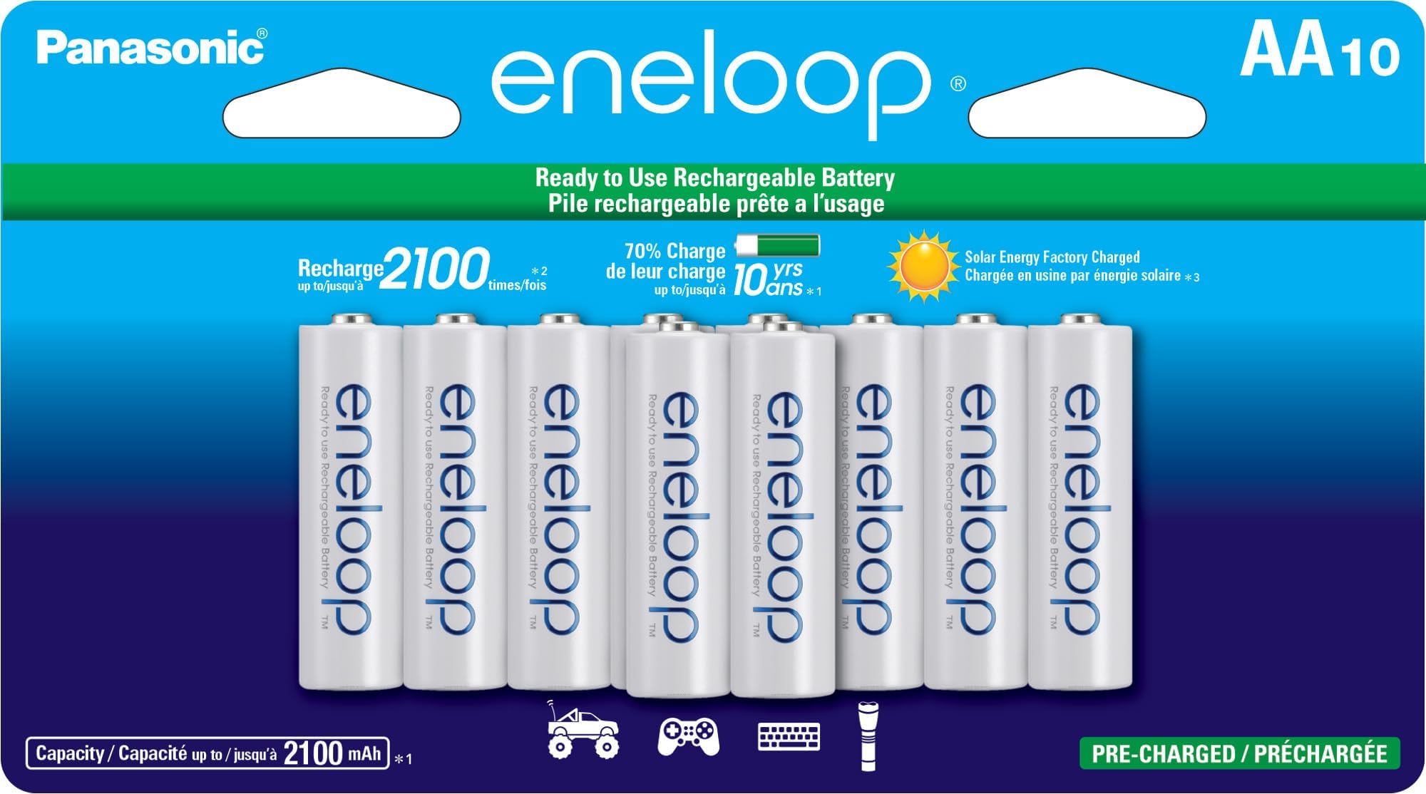 Eneloop Panasonic BK-3MCCA10FA AA 2100 Cycle Ni-MH Pre-Charged Rechargeable Batteries, 10-Battery Pack