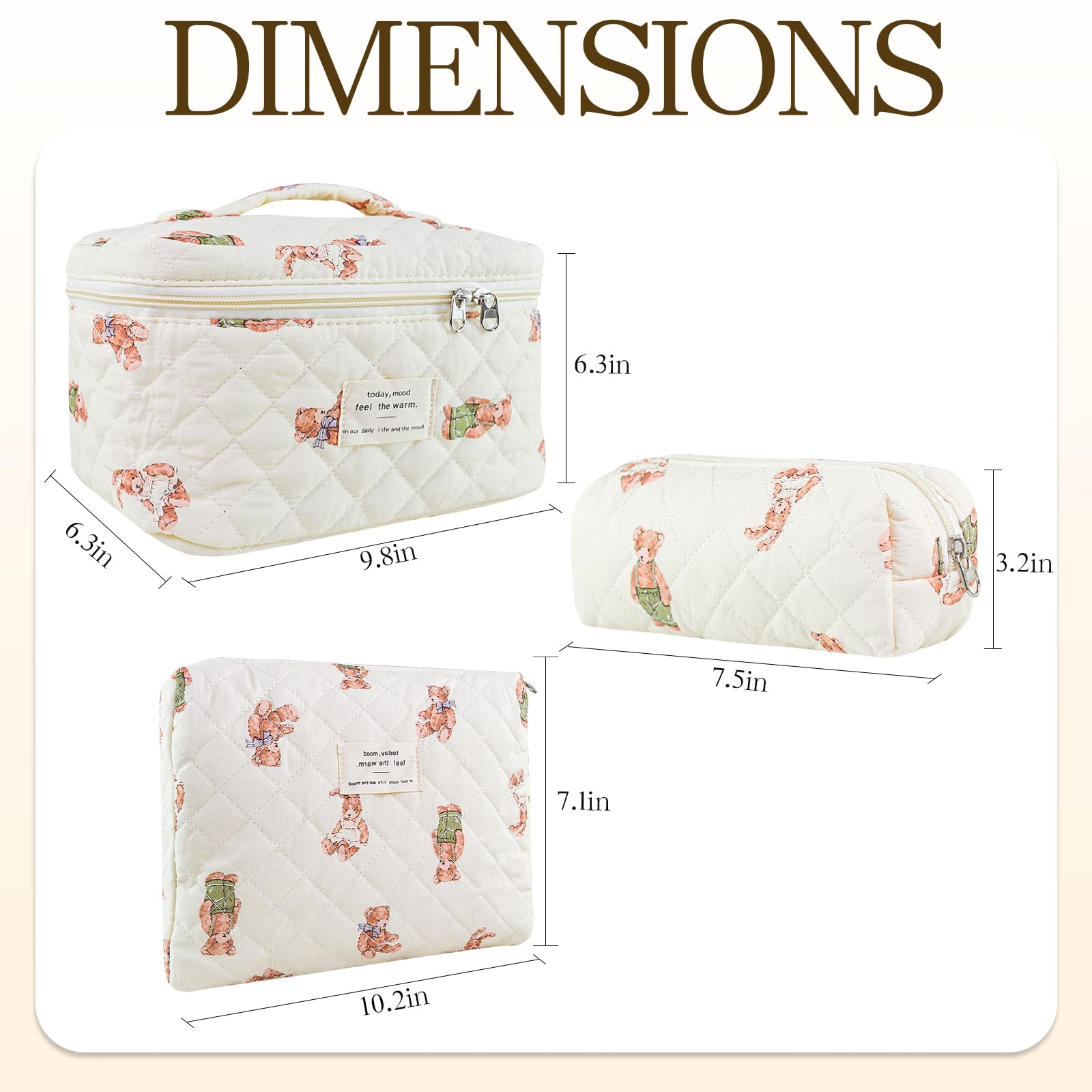 YRWE 3Pcs Quilted Makeup Bag Set, Cute Floral Cotton Cosmetic Bag, Coquette Bow Make up Bag Large Travel Toiletry Bag - Image 4